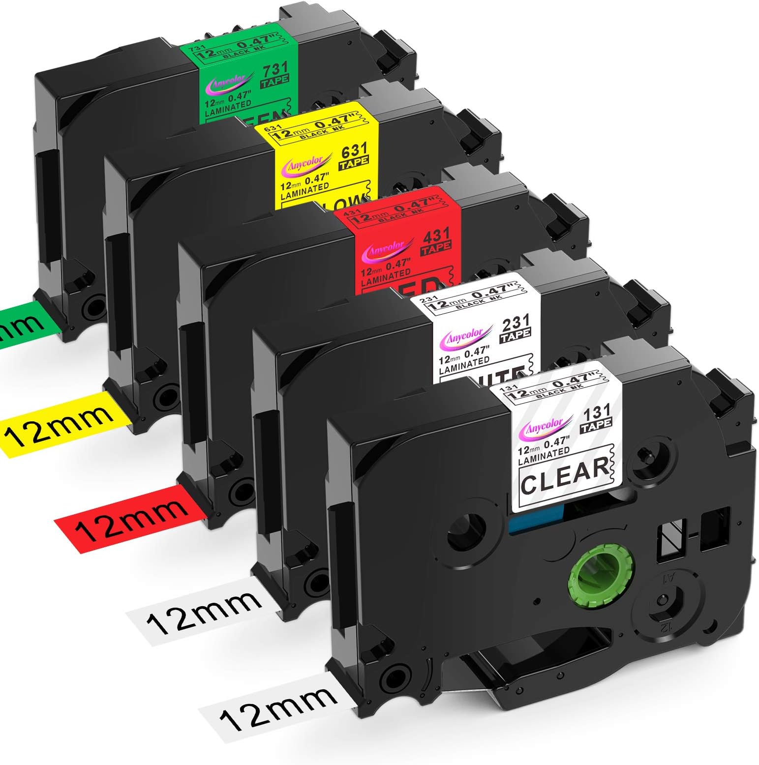 Anycolor Compatible Label Tape Replacement for TZe Color Label Tape 12mm 0.47 inch TZe-231 TZe-131 TZe-431 TZe-631 TZe-731 for PT-D210 PT-H100 PT-D400, 5-Pack