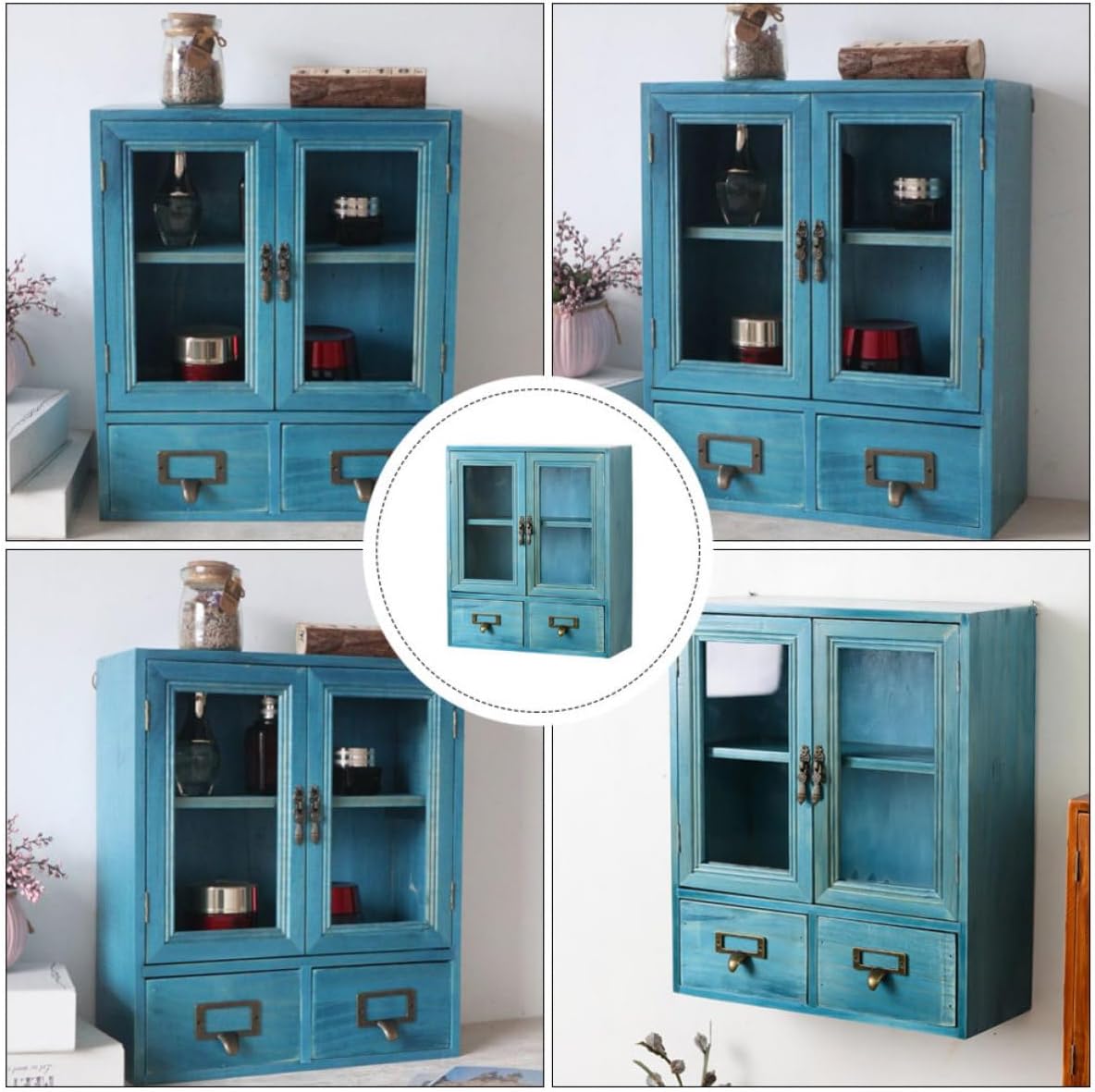 GANAZONO Retro Wooden Desktop Storage Cabinet with Multi-deck Drawer Design, Decorative Blue Wood and Glass Organizer Box with Large Storage Space for Home or Office