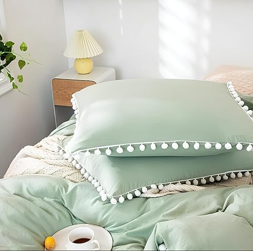 Miniatura 5 de INDACORIFY Funda de edredón verde salvia con pompones blancos, funda de edredón de algodón bohemio, 100% algodón lavado, funda de edredón tamaño