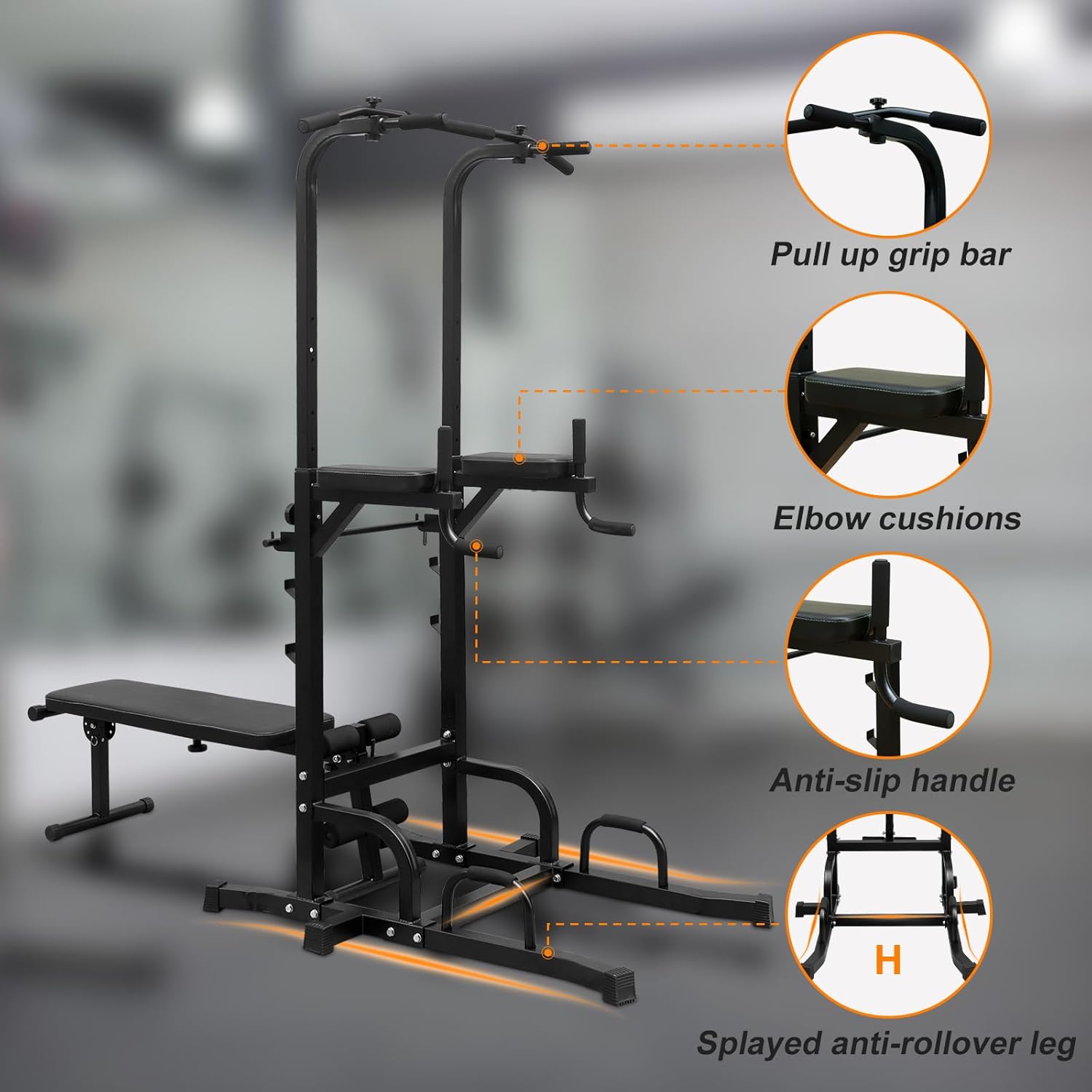 Power Tower Dip Station Pull Up Bar with Bench, Adjustable Height Heavy Duty Multi-Function Training Fitness Equipment for Home Gym, 440LBS.