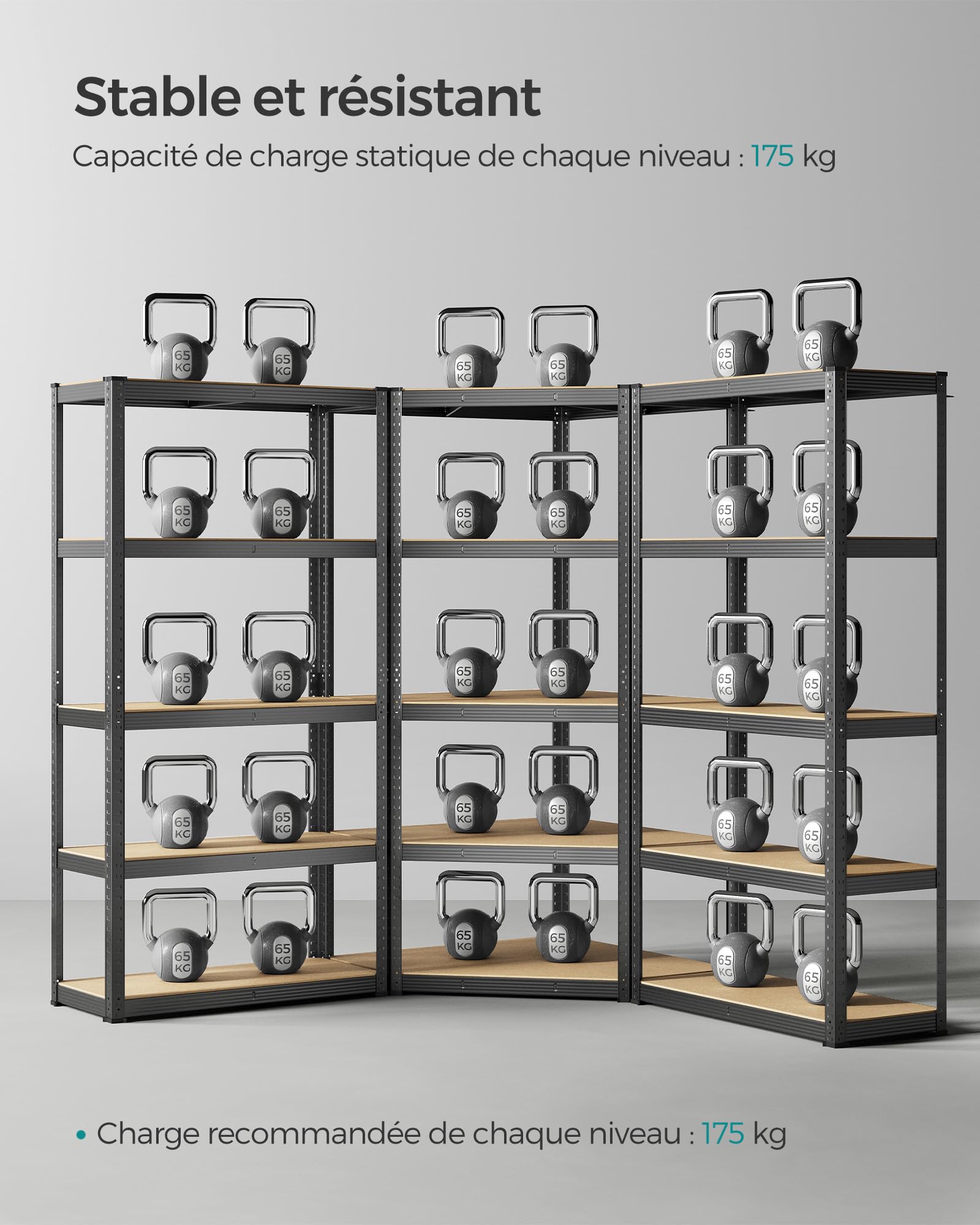 SONGMICS Ensemble d’Étagères d’Angle à 5 Niveaux, Étagères de Rangement en Acier, Charge Lourde, Garage, Entrepôt, Capacité de Charge 2625 kg, Noir d'encre et Beige Naturel GLR070B03 | Étagère de rangement pour garage, salle de rangement, cave GLR070B03
