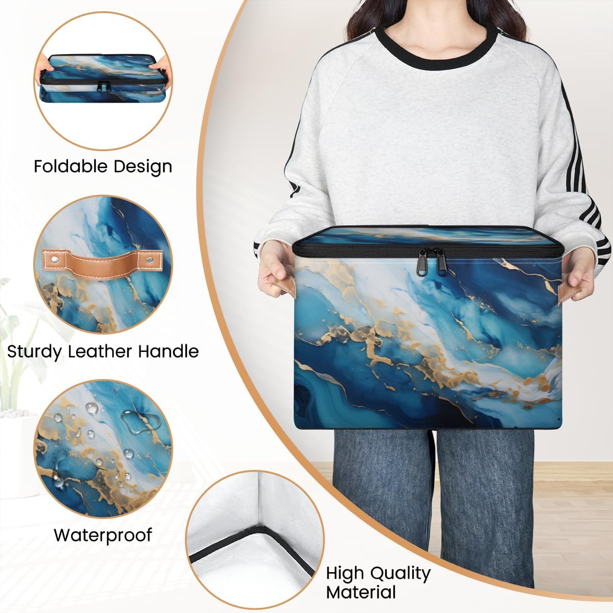 Storage Bin Set of 2 Marble Print Storage Basket with Zipper Lid & Handle Foldable Closet Shelf 2 Pack Cloth Organizer Basket Cube Bins Clothes Organizer for Bedroom, Nursery