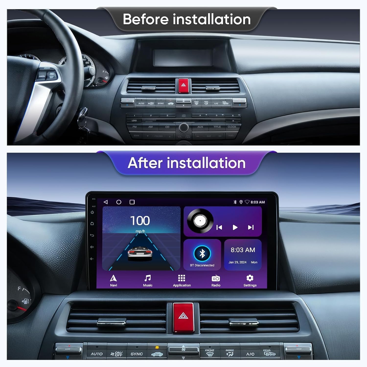 Side-by-side comparison of a Honda Accord 8th Gen dashboard before and after installation of the AINAVI 10-inch touchscreen car stereo.