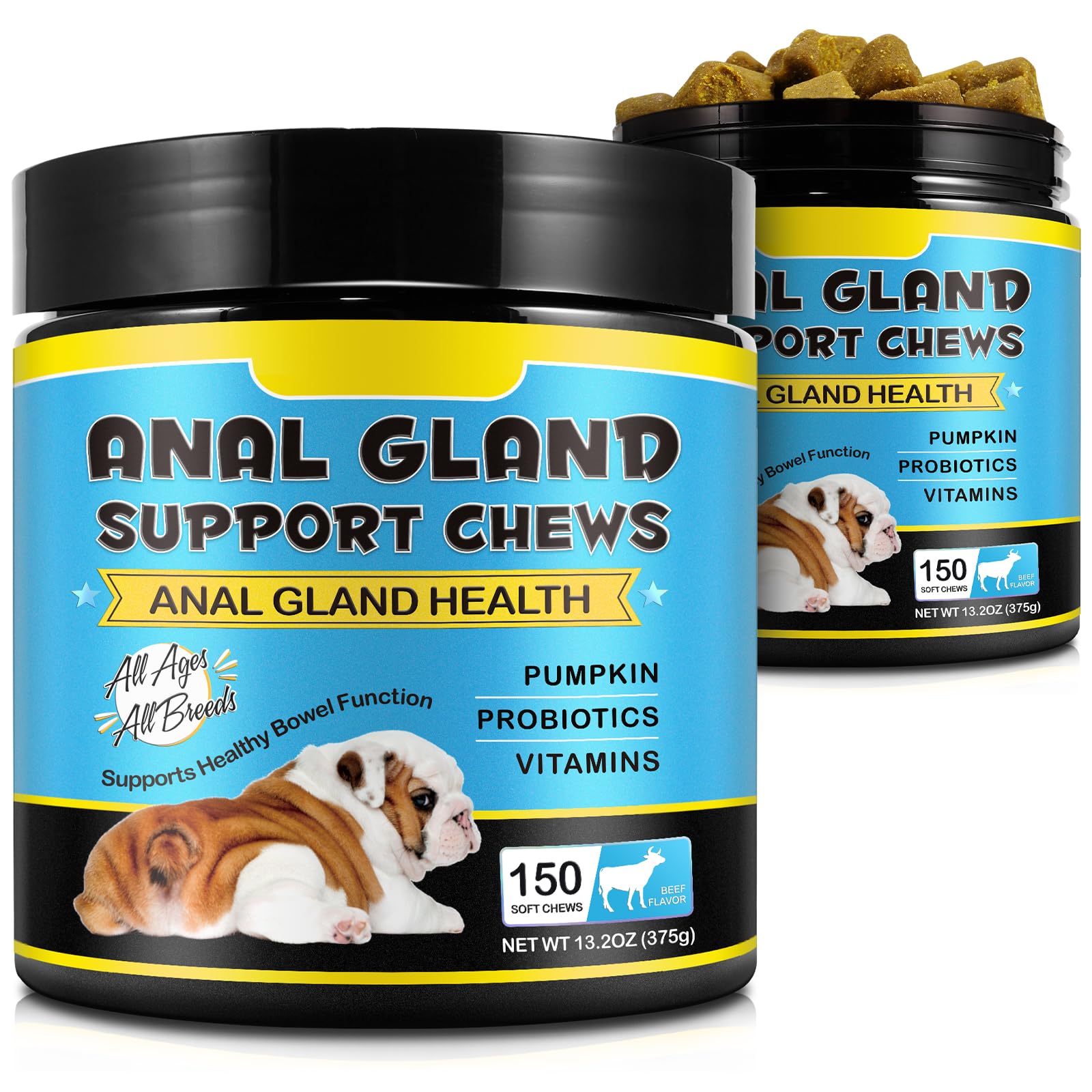 Anal Gland Support for Dogs – 150Chews with Pumpkin, Probiotics & Digestive Enzymes – Supports Healthy Anal Gland Function & Digestive Health – Beef Flavour – For All Breeds & Ages