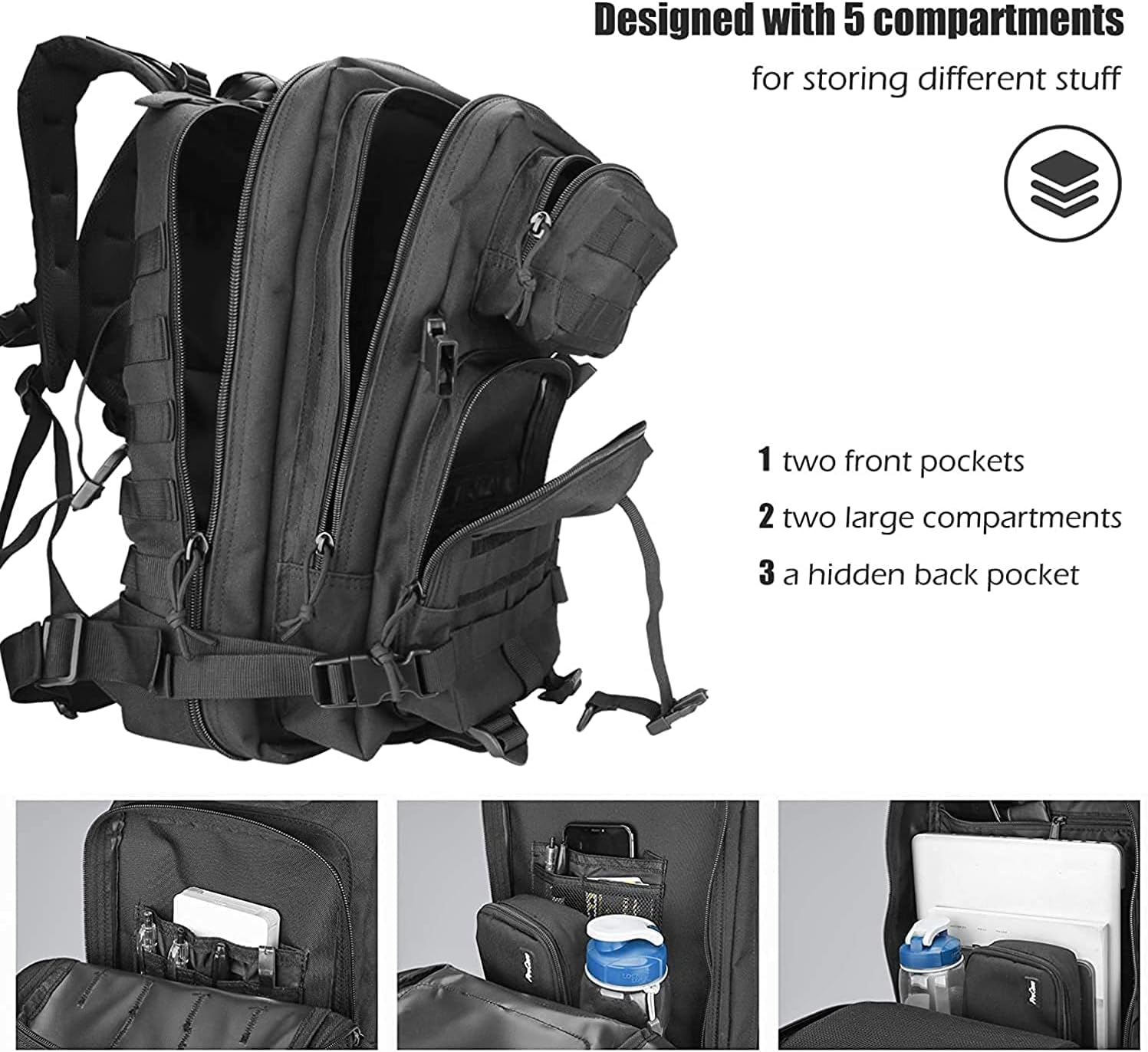 ProCase Military Tactical Backpack, 35L Large Capacity Rucksacks 2 Day Army Assault Pack Go Bag for Hunting, Trekking, Camping and Other Outdoor Activities -Black