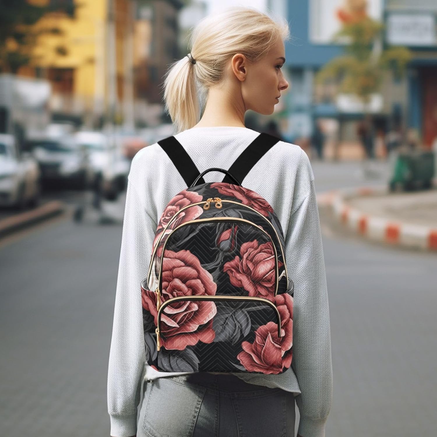 ALAZA Women Mini Backpack Purse Bag Lightweight Casual Daily Travel Backpack Skull with Chic Pink Roses Back Pack Fashion Multipurpose Shoulder Bag,M
