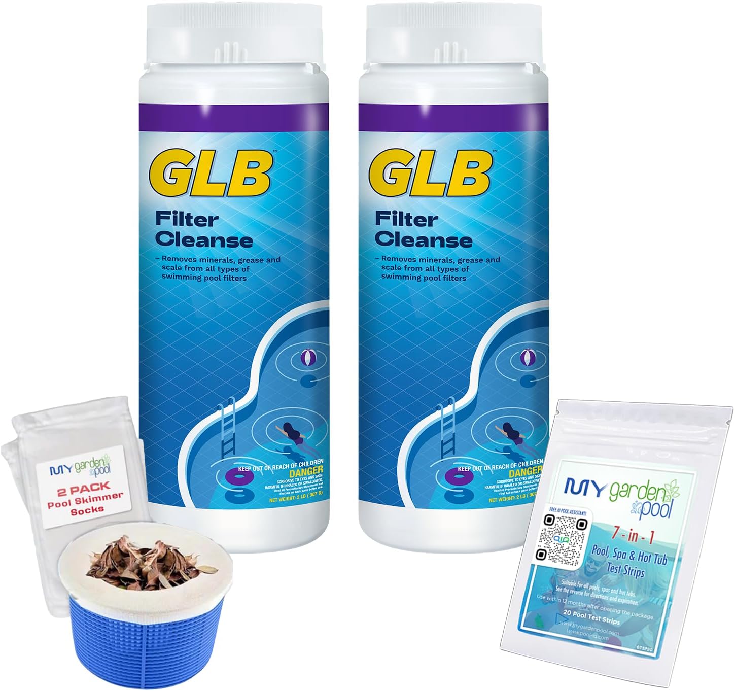 GLB Filter Cleanse 2lb (71006A) 2-Pack with My Garden Pool 7-in-1 Test Strips & 2 Skimmer Socks – Removes Oils, Grease & Filter Build-Up