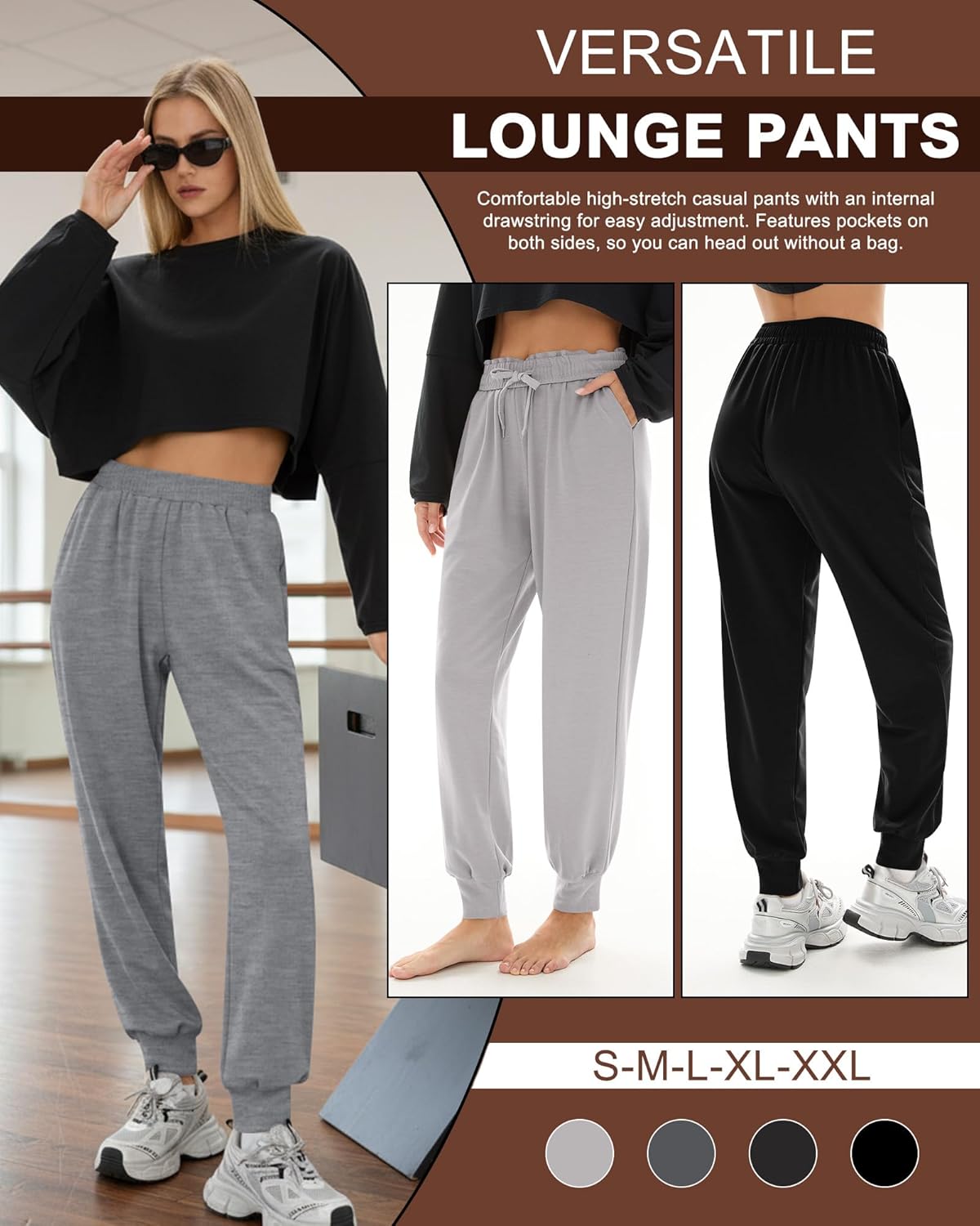 4 Pack Women's Jogger Pants with Side Pockets Drawstring Elastic Waist Sweatpants Ribbed Cuff Bottom Lounge Pants - Image 5