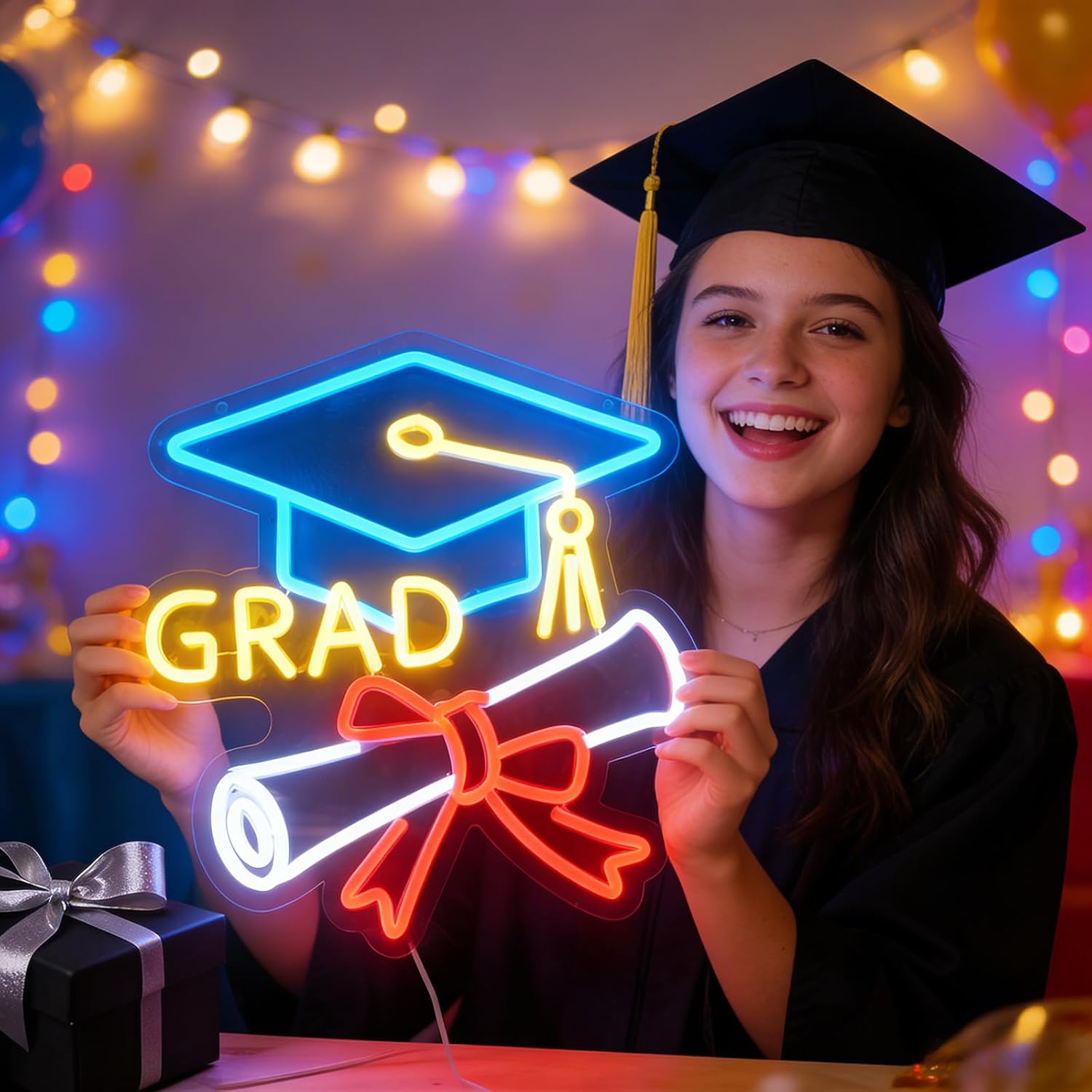 Congrats Grad Neon Sign - 4-Color Graduation Decorations 2026, 10-Level Dimmable LED Wall Decor, USB Powered Gift for Graduate, 14.2"x13"