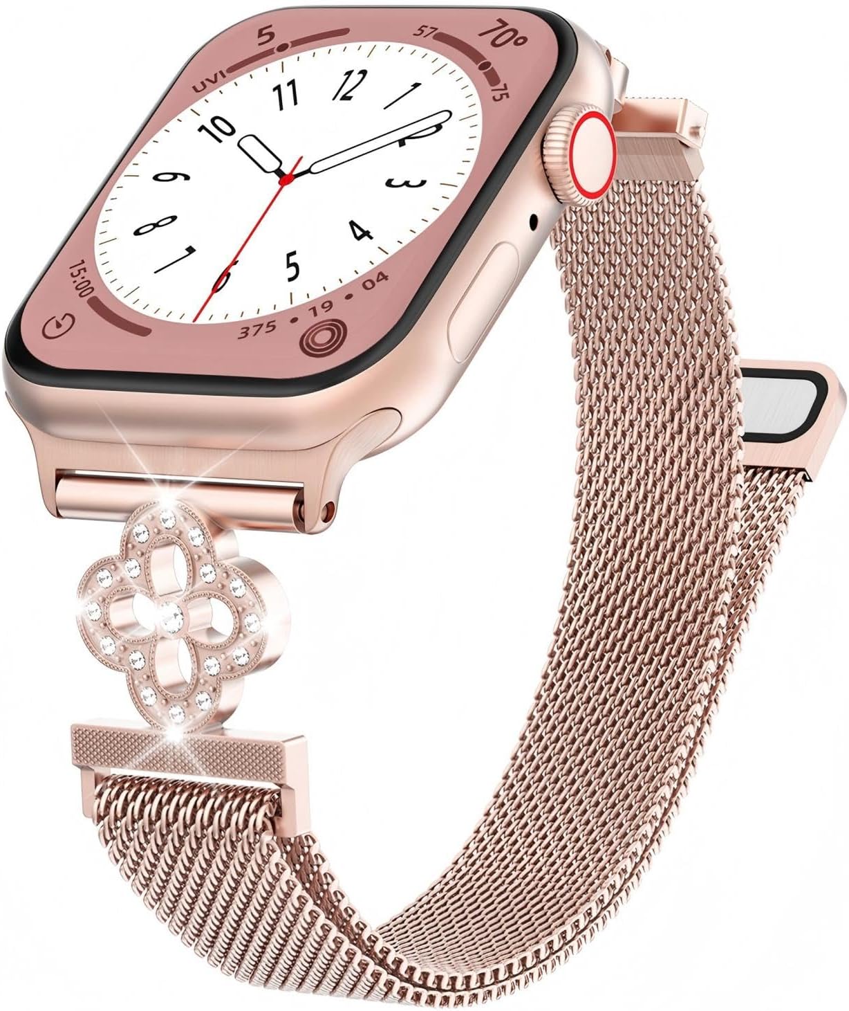 Thin Mesh Loop Compatible with Apple Watch Bands for Women 40mm 41mm 38mm 42mm Series 10 9 8 7 6 5 4 3 2 1 SE, Metal Stainless Steel Magnetic Strap with Clover Diamond Clasp for iWatch Bands