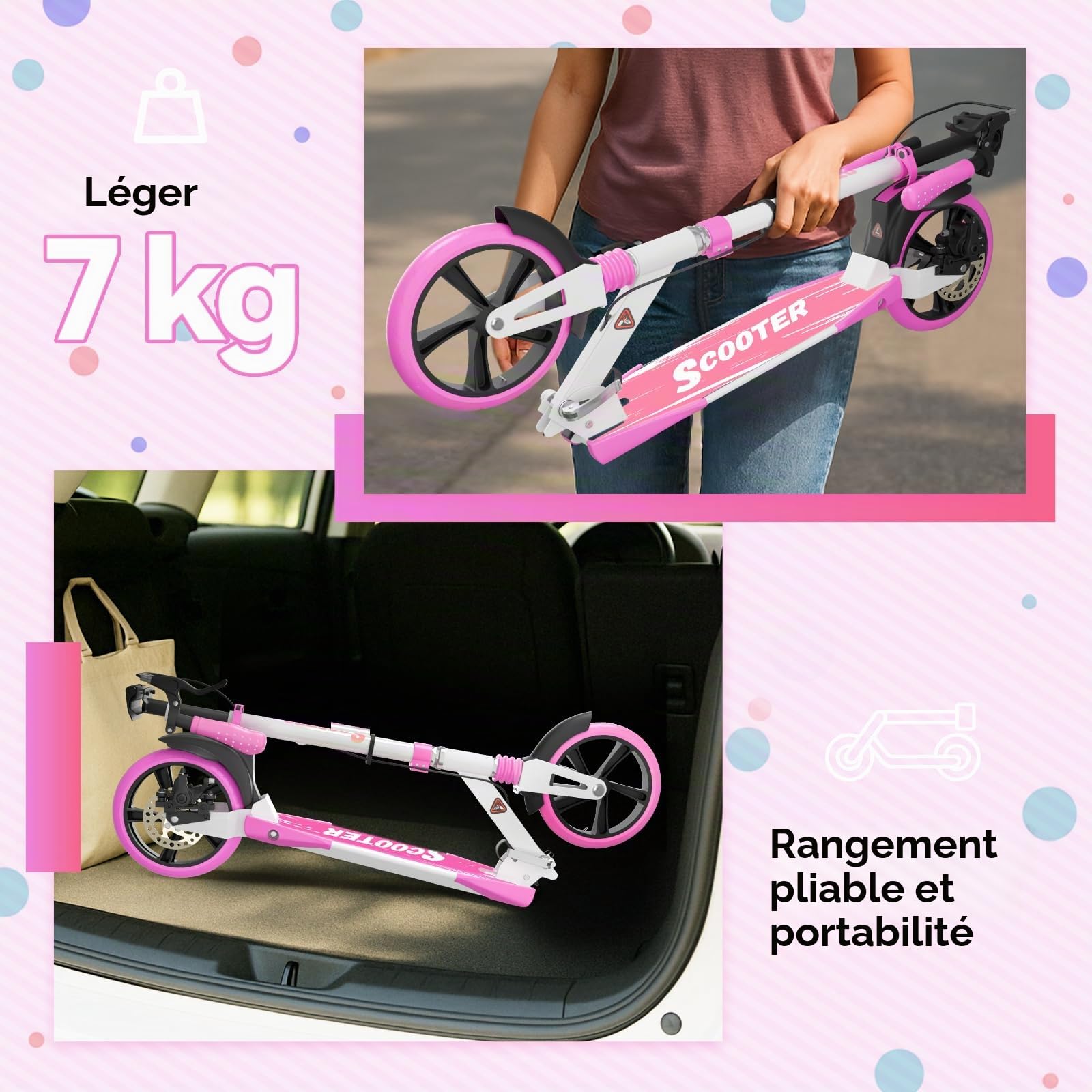 MEE GOO H007D Trottinette avec frein à disque, double amortisseur, roues en polyuréthane de 200 mm, roulements ABEC-7, trottinette pliable pour adultes 18+, planche antidérapante avec rose/blanc/bleu