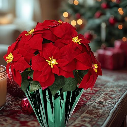 Miniatura 5 de Paquete de 2 plantas de Pascua artificiales grandes de 18 pulgadas para decoración de Navidad preiluminadas por LED, flores de Pascua artificiales