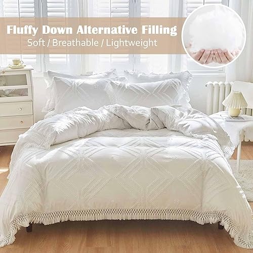 Miniatura 2 de Nanko Juego de edredón de tamaño Queen, color blanco, con borlas, estilo bohemio, geométrico, desgastado y elegante, de microfibra suave,