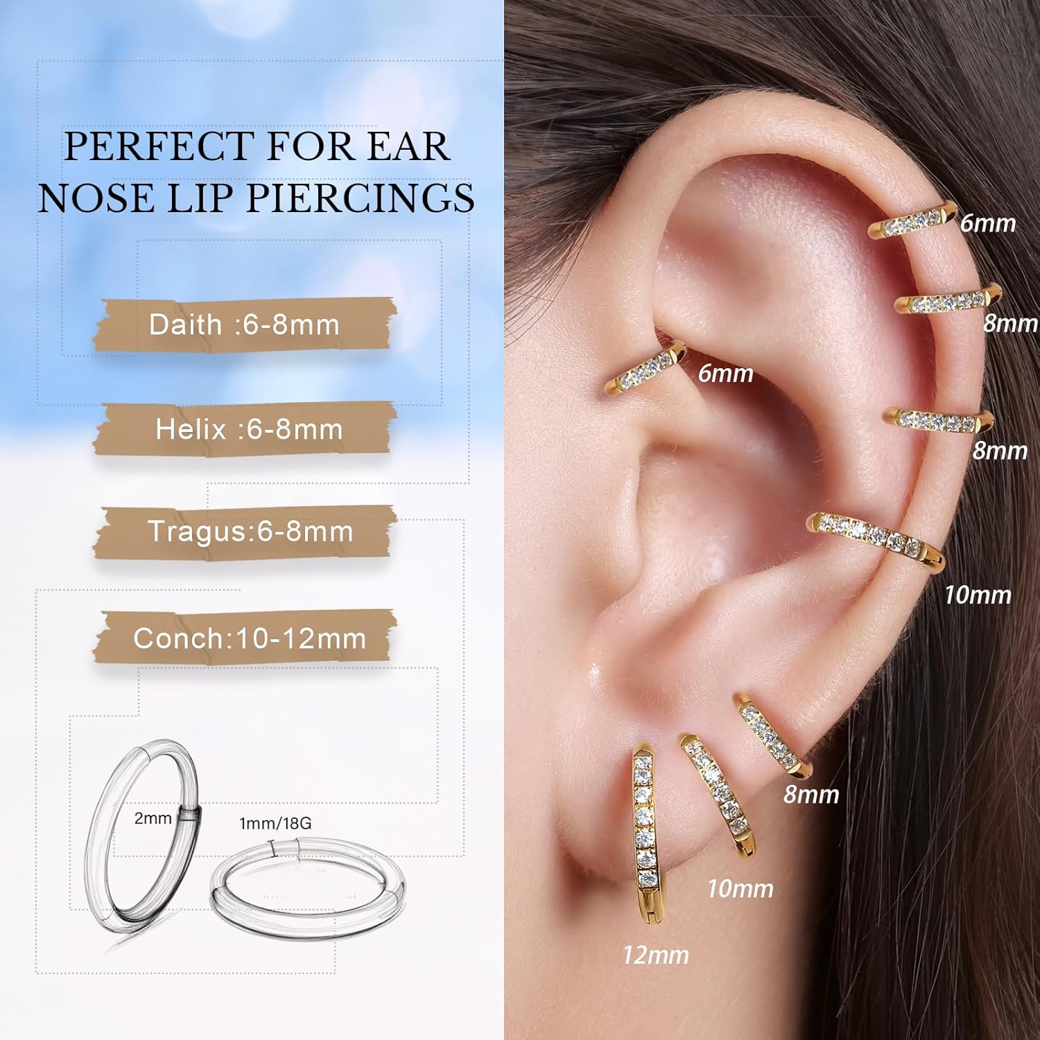 Limerencia F136 Titanium Earring Hoops Small Cubic Zirconia Huggie Hoops Gold Silver Tone Cuff Earrings Cartilage Piercing Jewelry for Women Sensitive Ears(6-12 mm) - Image 2