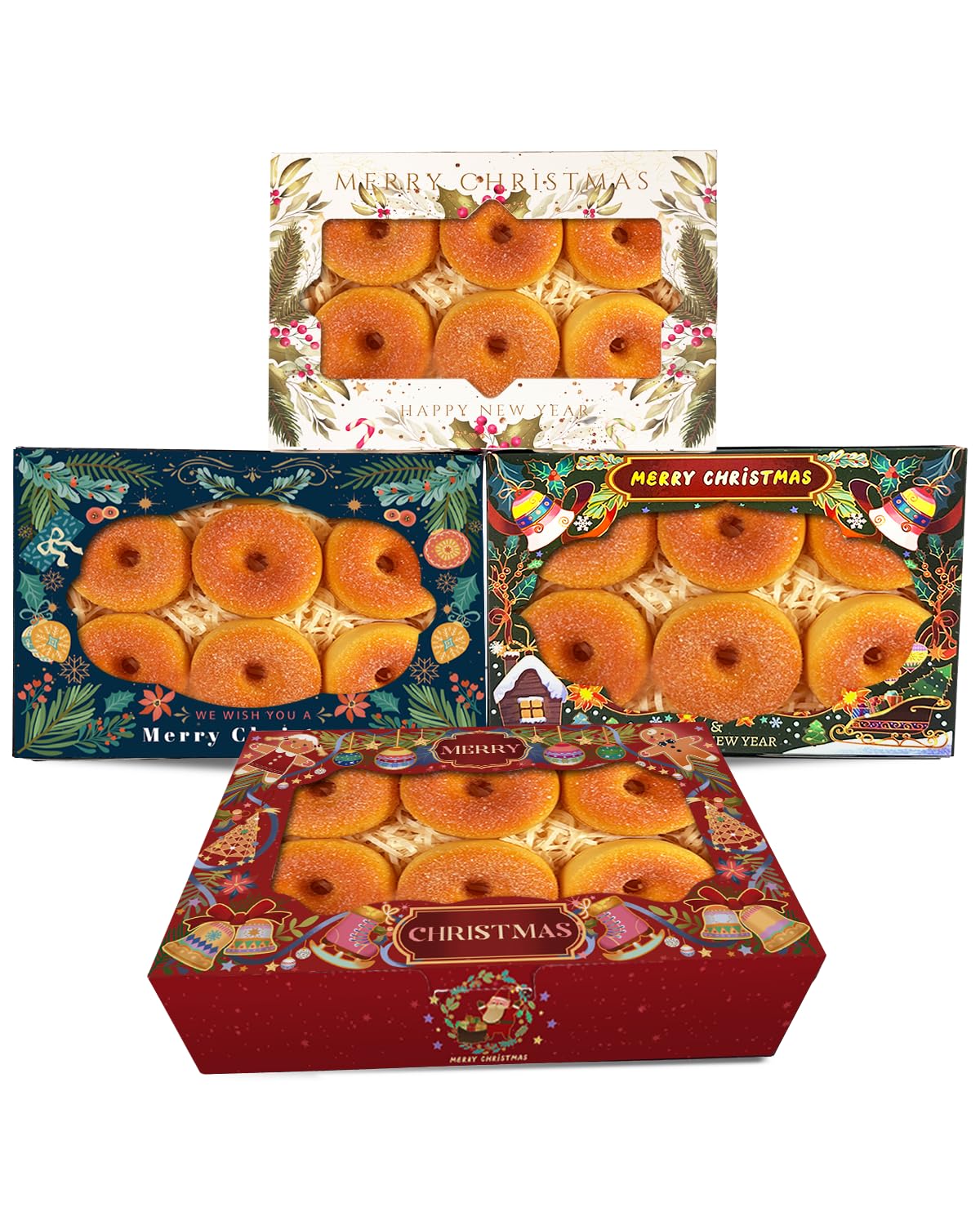 qiqee Scatola per biscotti di Natale con finestra, 22,9 x 15,2 x 6,3 cm, 50 pezzi, per pasticceria, macaron, stile retrò, per Natale