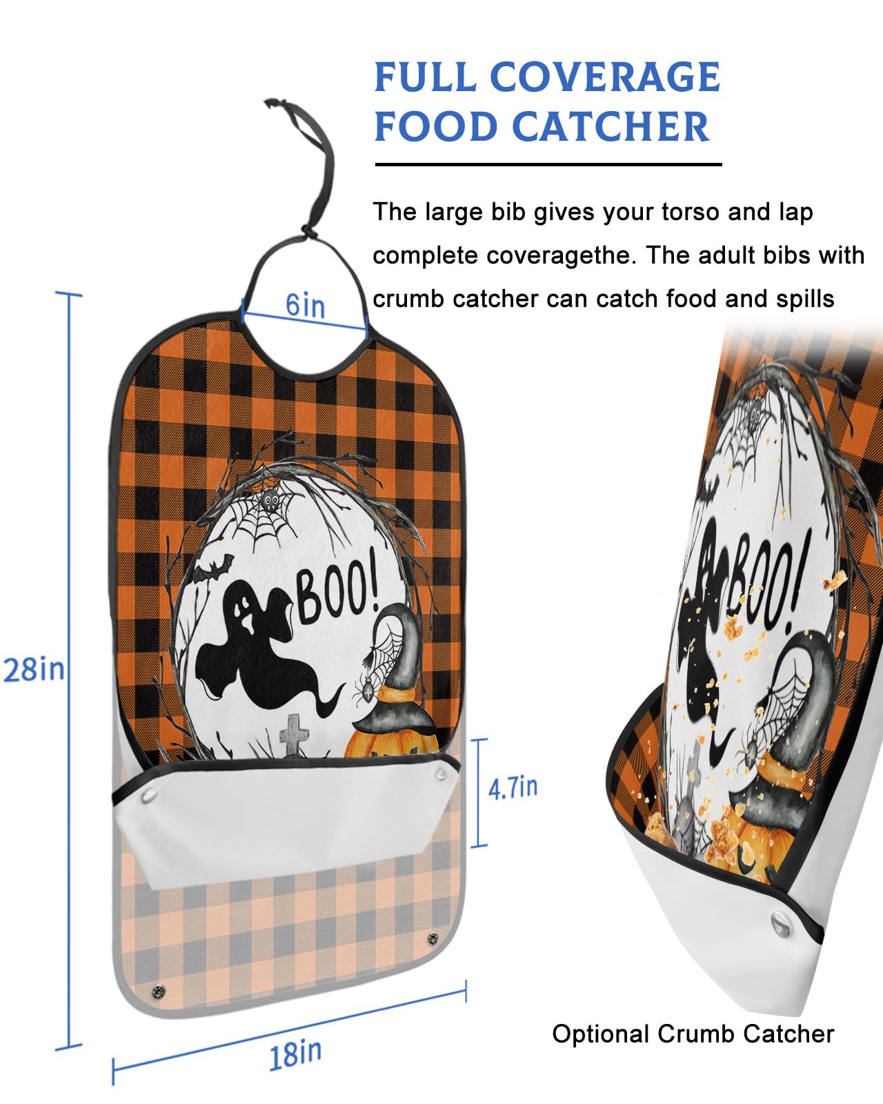 Halloween Adult Bibs for Eating, Waterproof Bibs with Food Catcher & Adjustable Snap Closure, Farmhouse Orange Black Plaid Pumpkin Boo Washable Clothing Protectors Adult Bibs for Elderly Women/Men