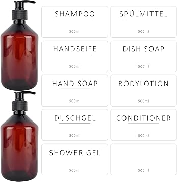 Isolatech Soap Dispenser Set of 2 500 ml Brown Round with 10 Labels Empty PET bottles with black dosing pump refillable for shower gel shampoo body lotion for bathroom