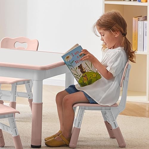 Miniatura 2 de DOREROOM Juego de mesa y 4 sillas para niños de altura ajustable, juego de mesa y silla para niños pequeños con superficie de graffiti, 31.5''L x