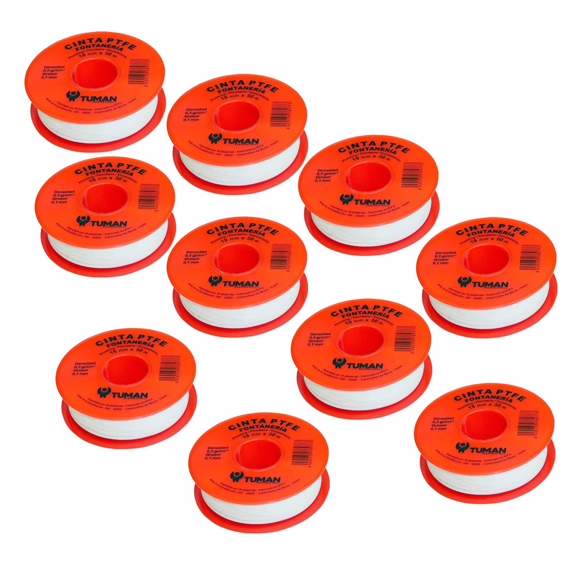 TUMAN Pack 10 Cintas PTFE (Teflón) 19 mm × 50 m × 0,1 mm – Cinta Selladora de Roscas de Fontanería para Tuberías, Grifos y Radiadores