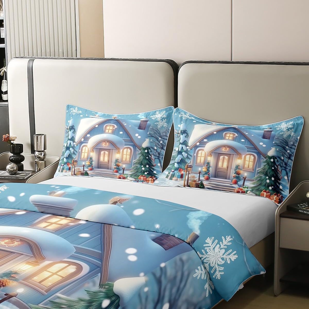 Castle Fairy Full Size Duvet Cover Set Merry Christmas Comforter Cover Set 100% Pure Cotton Warm House Duvet Cover Set (No Filler) Xmas Tree Xmas Gift Bedding Set 3 Pcs