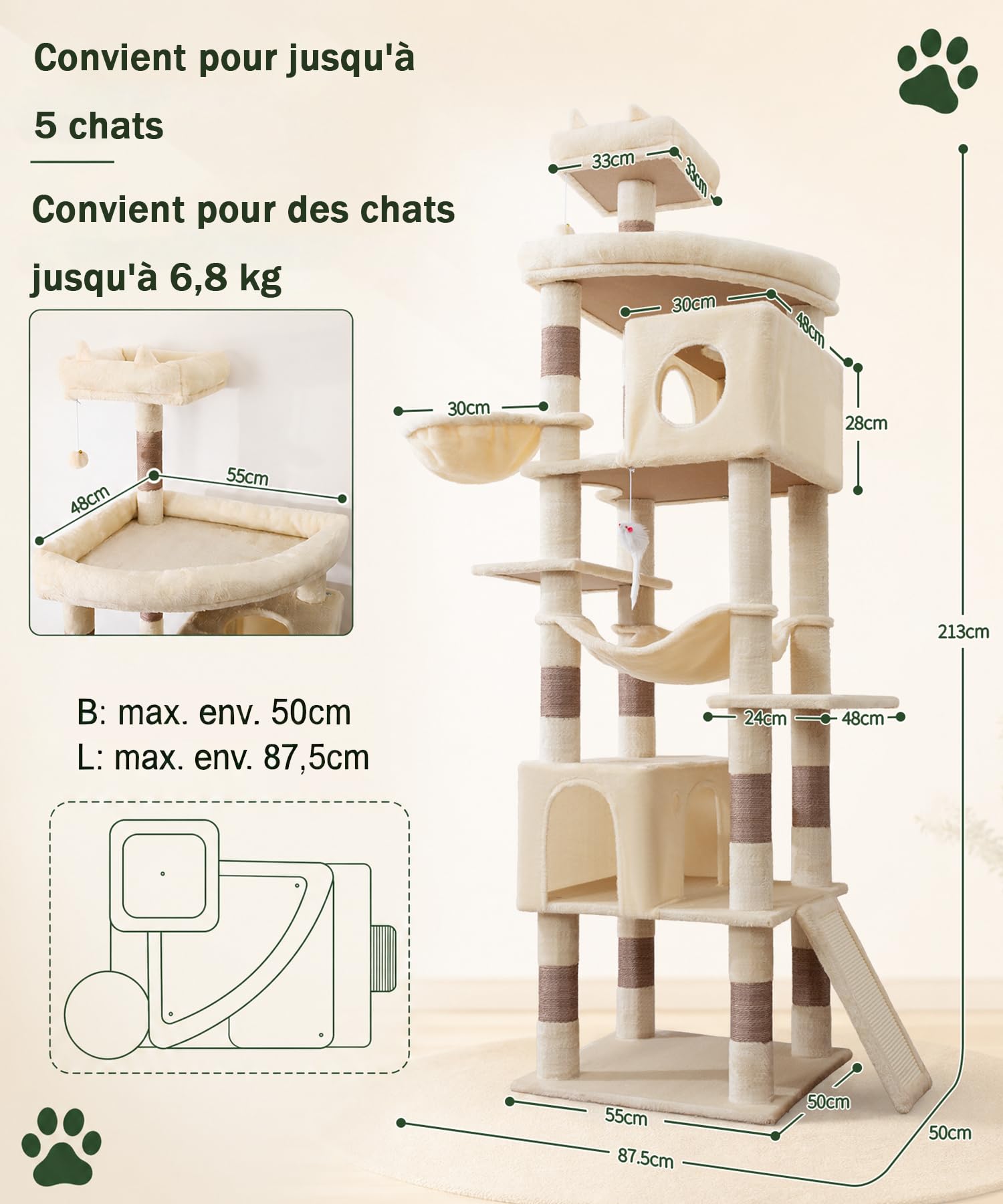 Arbre à Chat 213cm XXL, Tour à Chat Géant pour Grands Chats, Beige | 11 Griffoirs Sisal, 2 Nichoirs, Hamac, Panier, Griffoir Incliné, 2 Plateformes, 2 Jouets, Idéal pour 3-5 Chats, EPT21BW