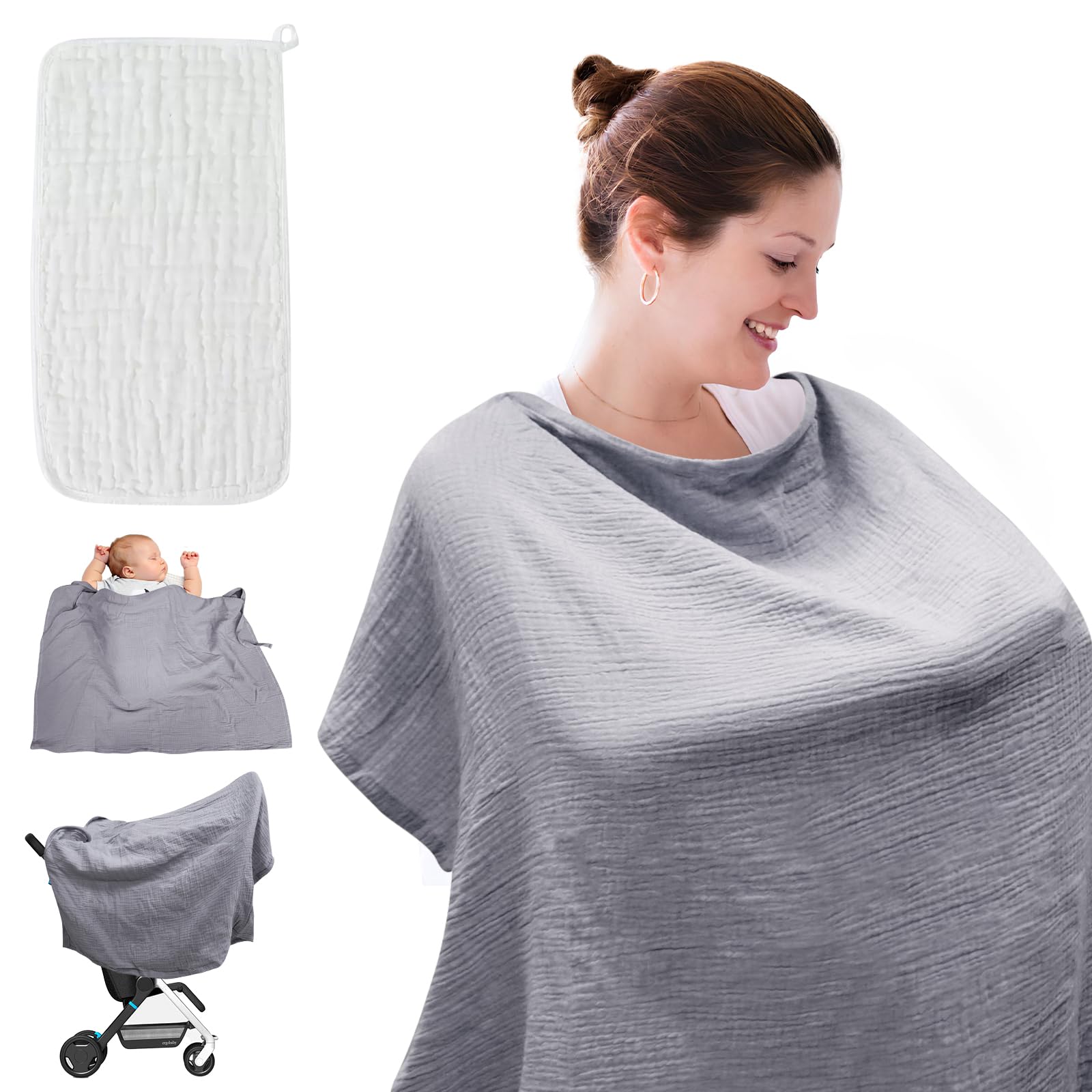 Cape Allaitement Bébé 100% Coton avec Serviette, Doux Respirant Sangles Réglables Gris
