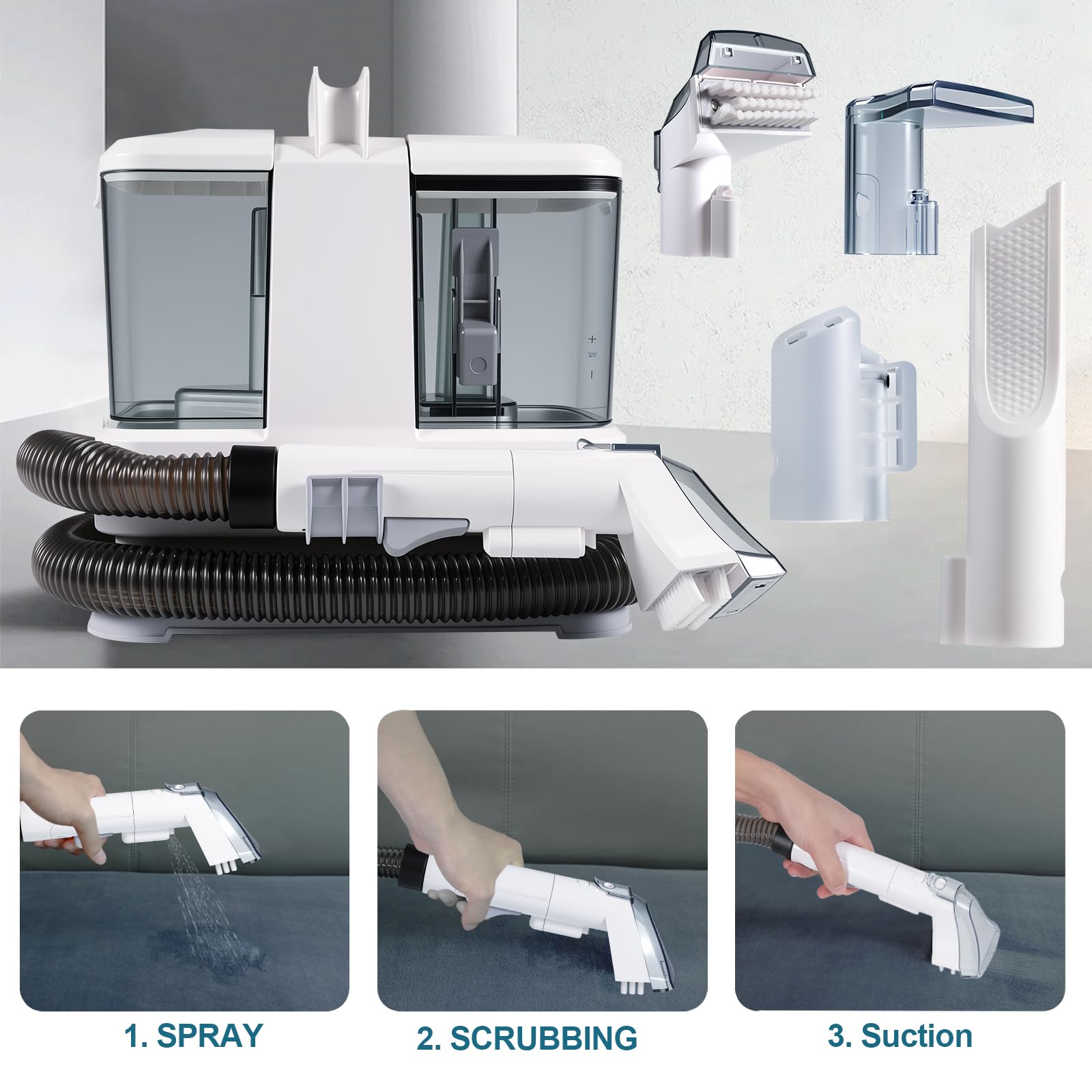 Limpiador de Tapicerias 400W,Aspirador Tapicerias con Agua con 4 Cabezales Intercambiables Depósito Extraíble, Succión 9 kPa. Para Sofás, Alfombras, Asientos de Coche y Pelo de Mascotas