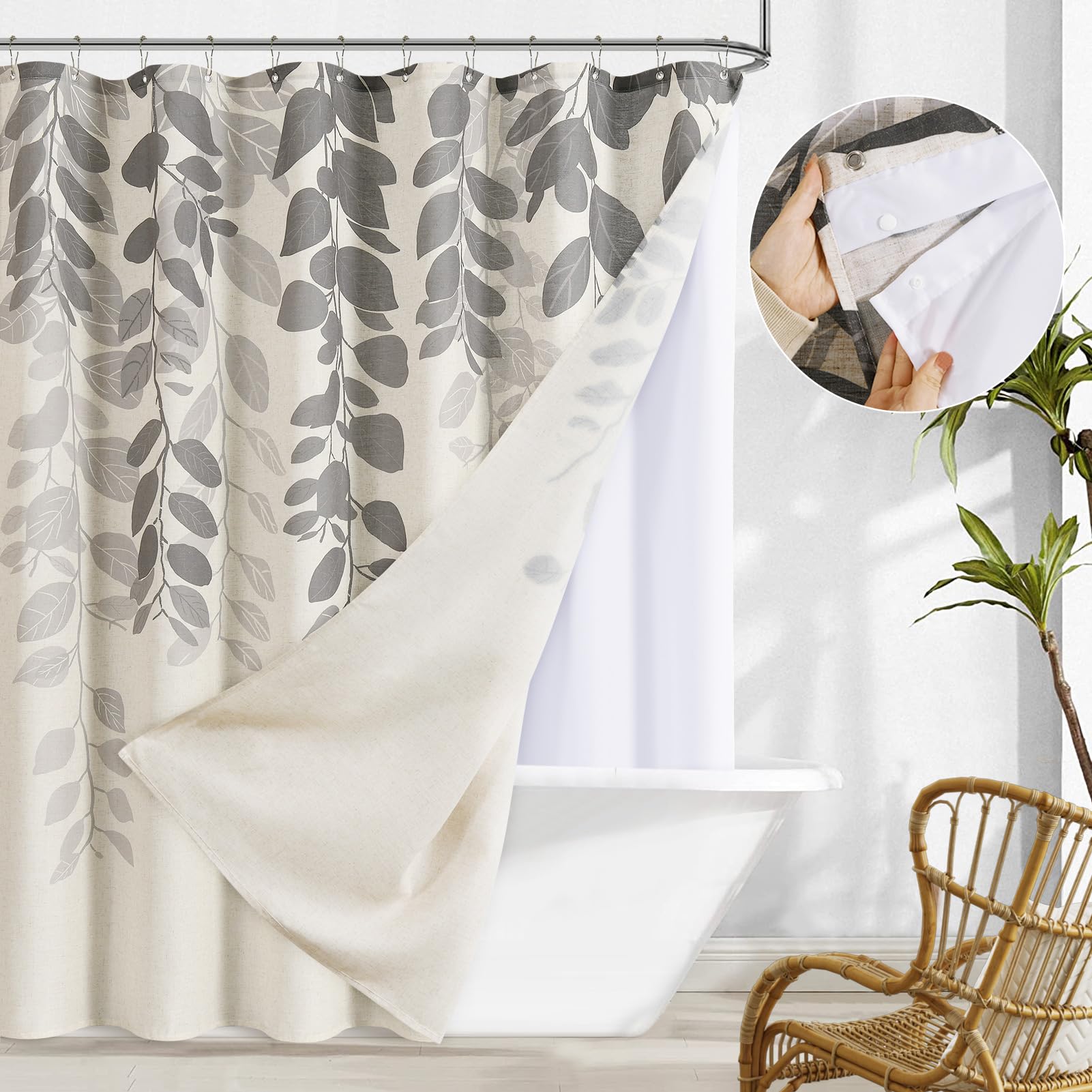 Gray Shower Curtain 84 Inches Double Cloth Shower Curtain Liner Linen Shower Curtain Liner Grey and Beige Fabric Shower Curtains Pretty Eucalyptus Shower Curtain Extra Long Shower Curtain 72x84