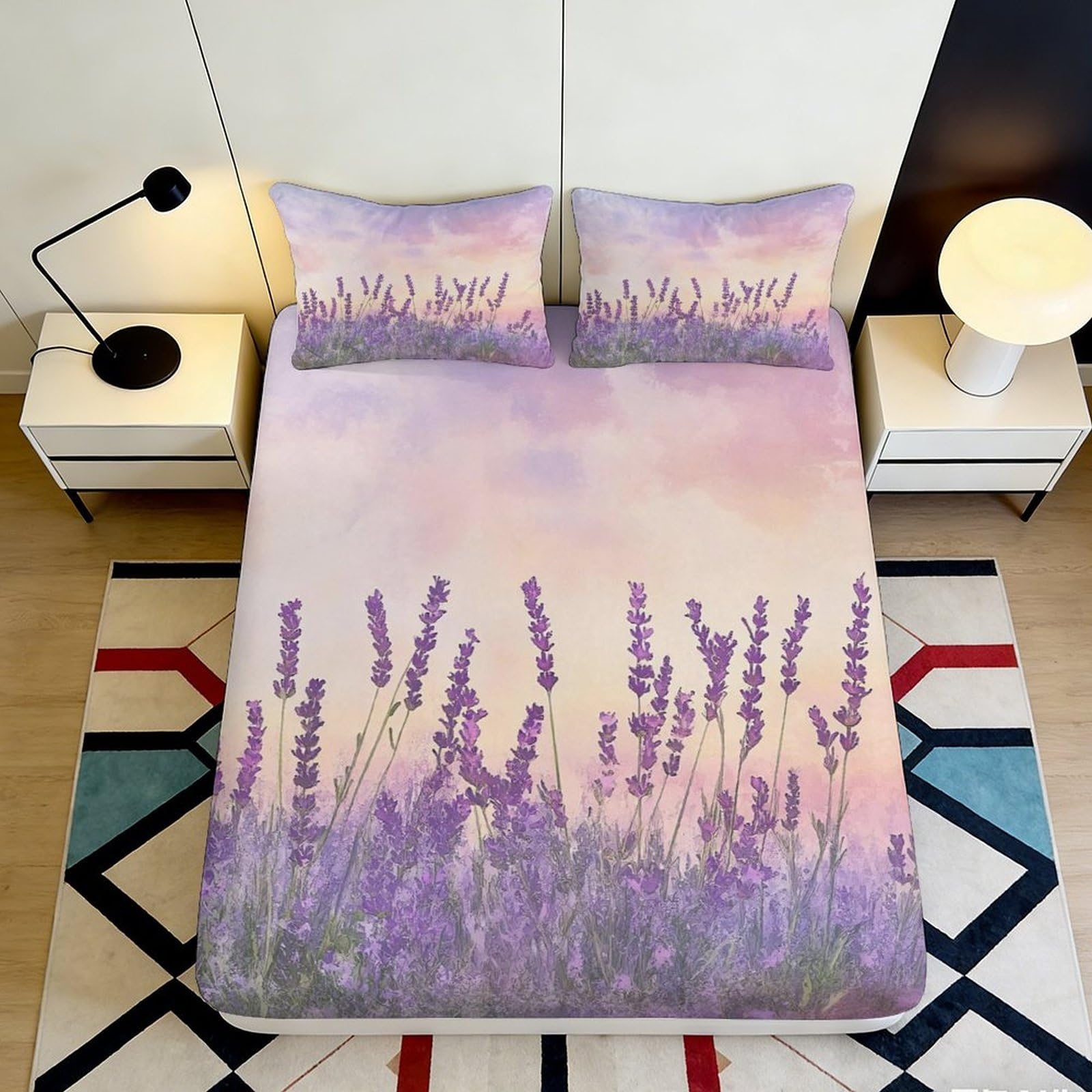 3D Printed Lavender Field Fitted Sheet Microfiber Soft Pastel Sunset Mattress Cover Anti-Slip for Bedroom Guest Room Decor 140x200x25cm