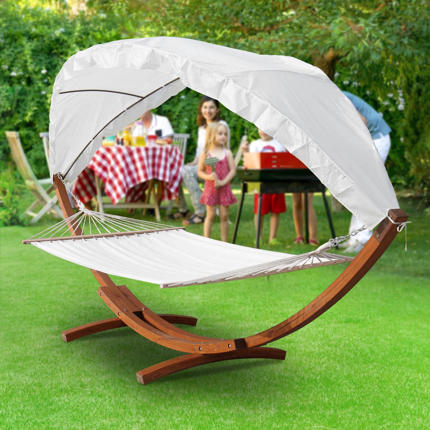 Hängematte XXL mit Gestell und Sonnendach 410cm, bis 200kg, Liegefläche 200x150 cm, Hammock aus wetterfestem Lärchenholz, Stabhängematte für 2 Personen Outdoor und Indoor