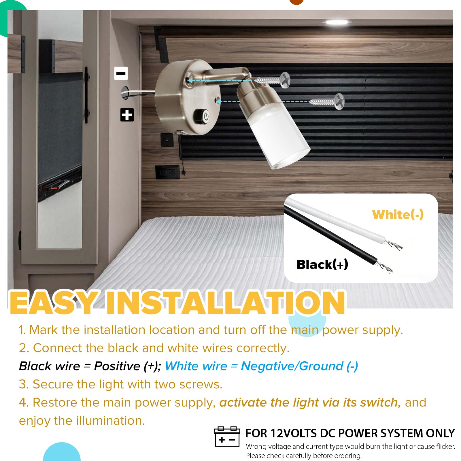 Luces de lectura para caravana de 12 V, luz interior para caravana con puerto USB, iluminación LED con cargador USB-C para mesita de noche de 2 W, 100 lm, 12 voltios, azul claro y blanco, 3000 K
