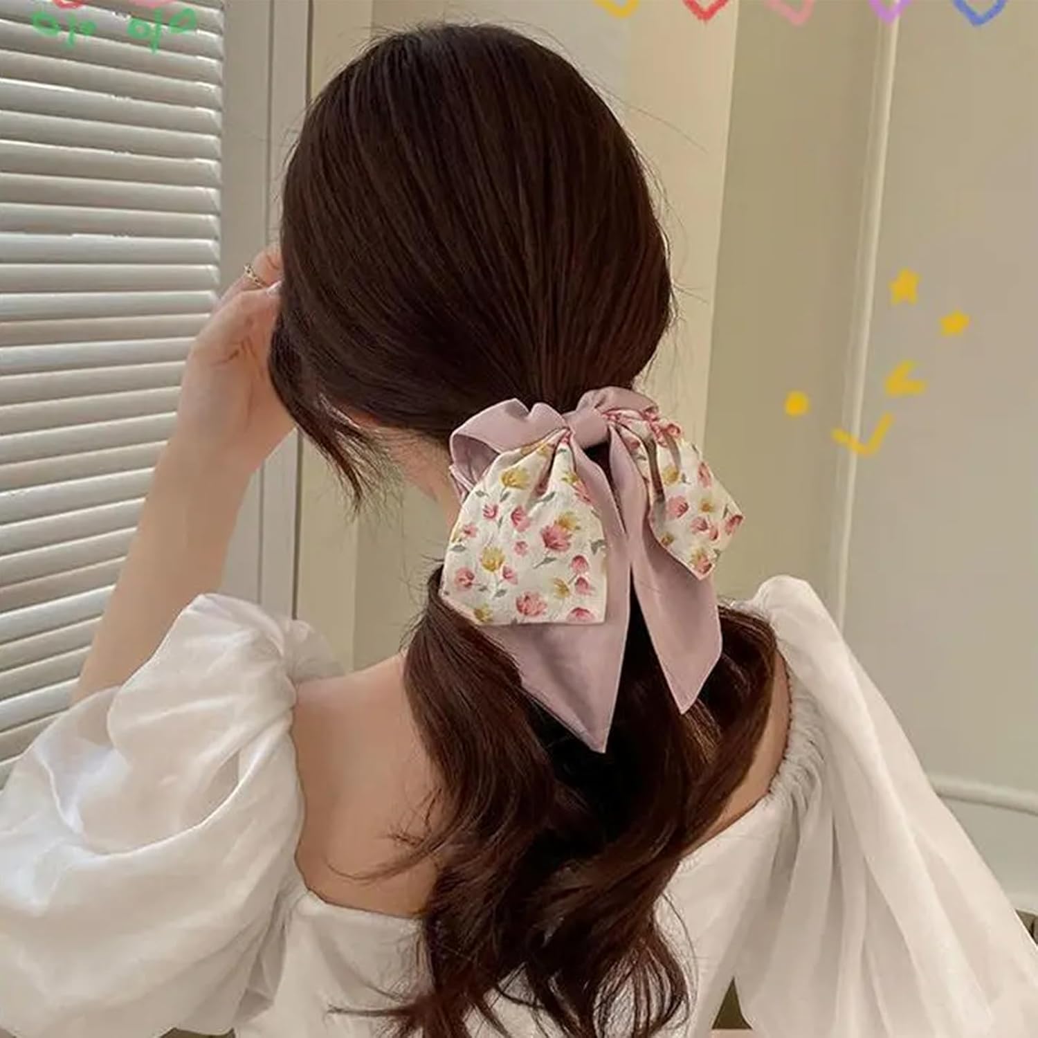 Generic 5 Pcs Floral Hair Scarf Scrunchies Bowknot Ribbon Hand Elastic Ropes Ponytail Holder Long Tails Hair Ties for Women Girls Vintage Hair Accessories - Image 7