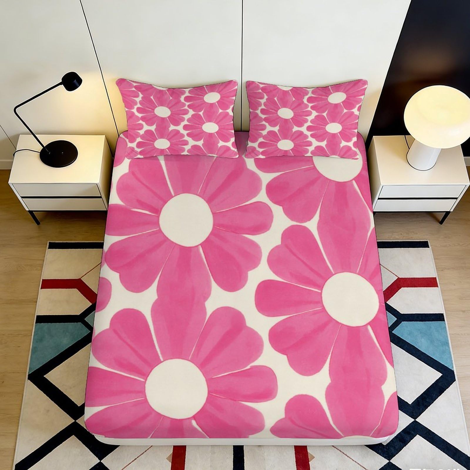 3D Printed Pink Daisy Fitted Sheet Microfiber Soft Floral Mattress Cover for Bedroom Dorm Room Decor Easy Care 90x200x25cm