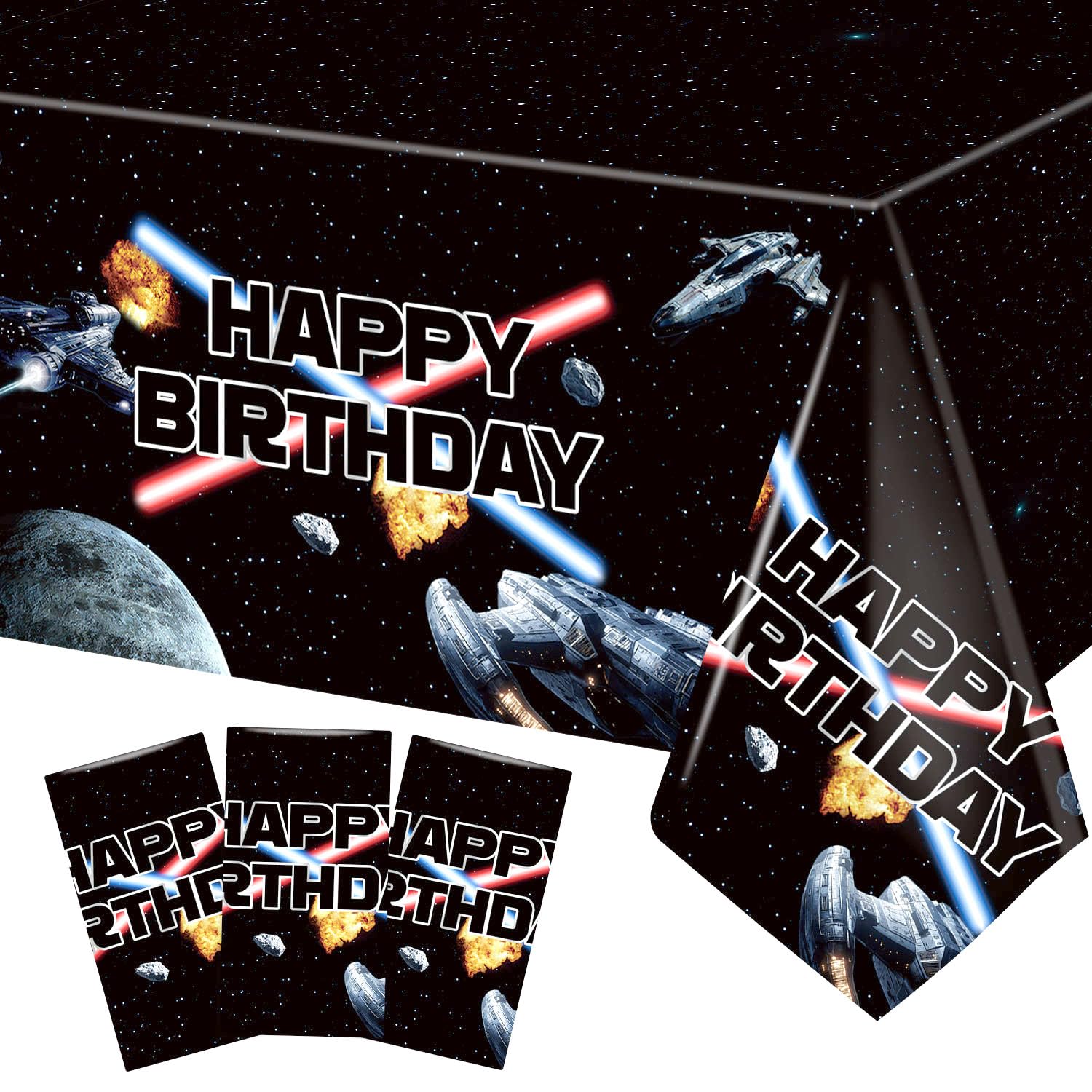Photo 1 of 3 Pieces Space Battleship Wars Themed Birthday Party Decorations Tablecloth, Large Size 54 x 108 Inch Rectangular Plastic Table Cloth Star Galaxy Universe Starship for Boys Kids Party Decorations