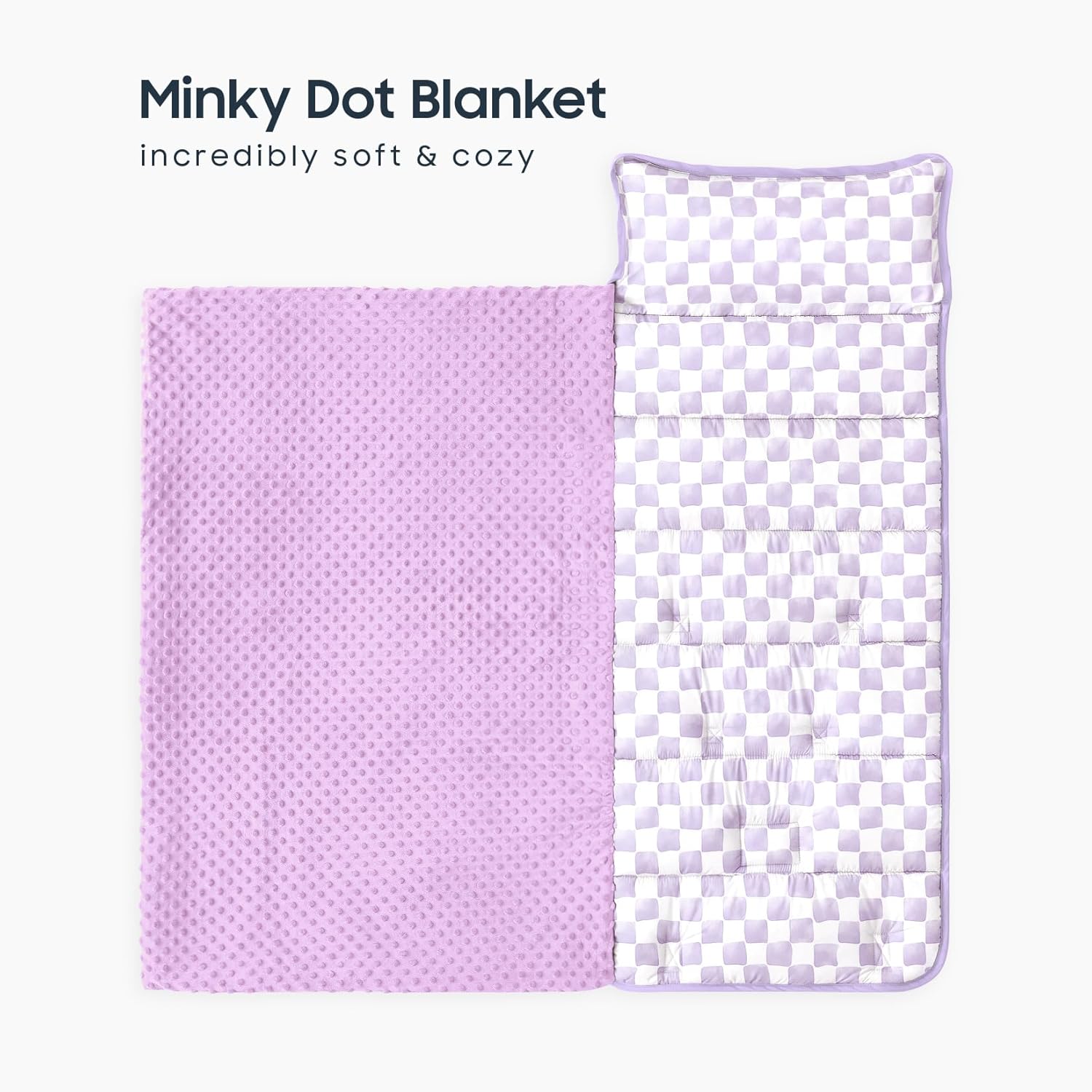 Wake In Cloud - Toddler Nap Mat with Pillow and Minky Fleece Blanket, for Kids Boys Girls Ages 3 Plus in Daycare Preschool, Roll Up Sleeping Bag, Gingham Grid Checkered, Purple White, Standard