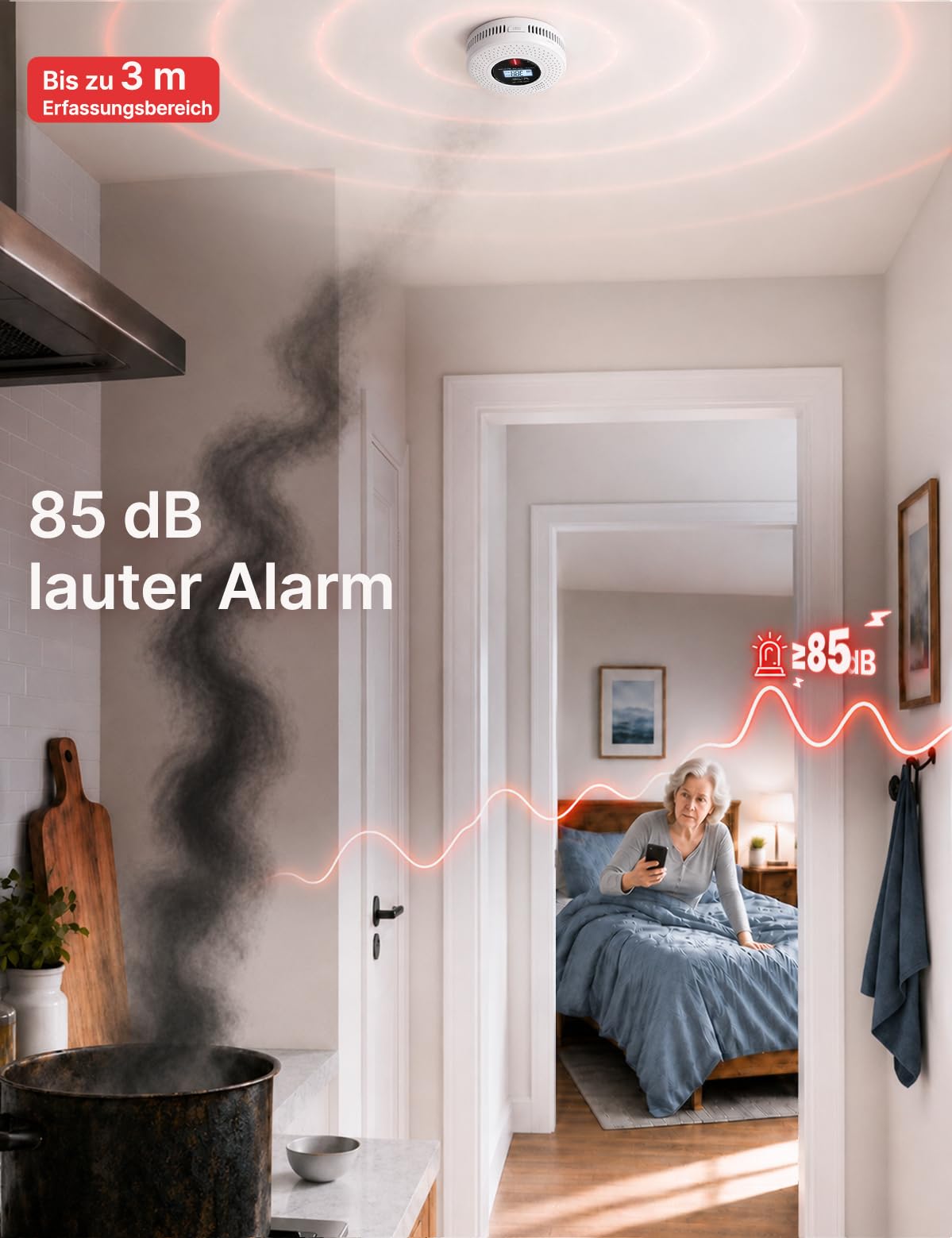 MOES Rauch- CO-Melder Smart, 10 Jahren Sensorlebensdauer, App-Alarm, 85 dB | Zigbee-Gateway erforderlich, LCD-Echtzeitdaten, App-Steuerun, Nach EN 14604 und EN 50291 geprueft, Batteriebetriebener