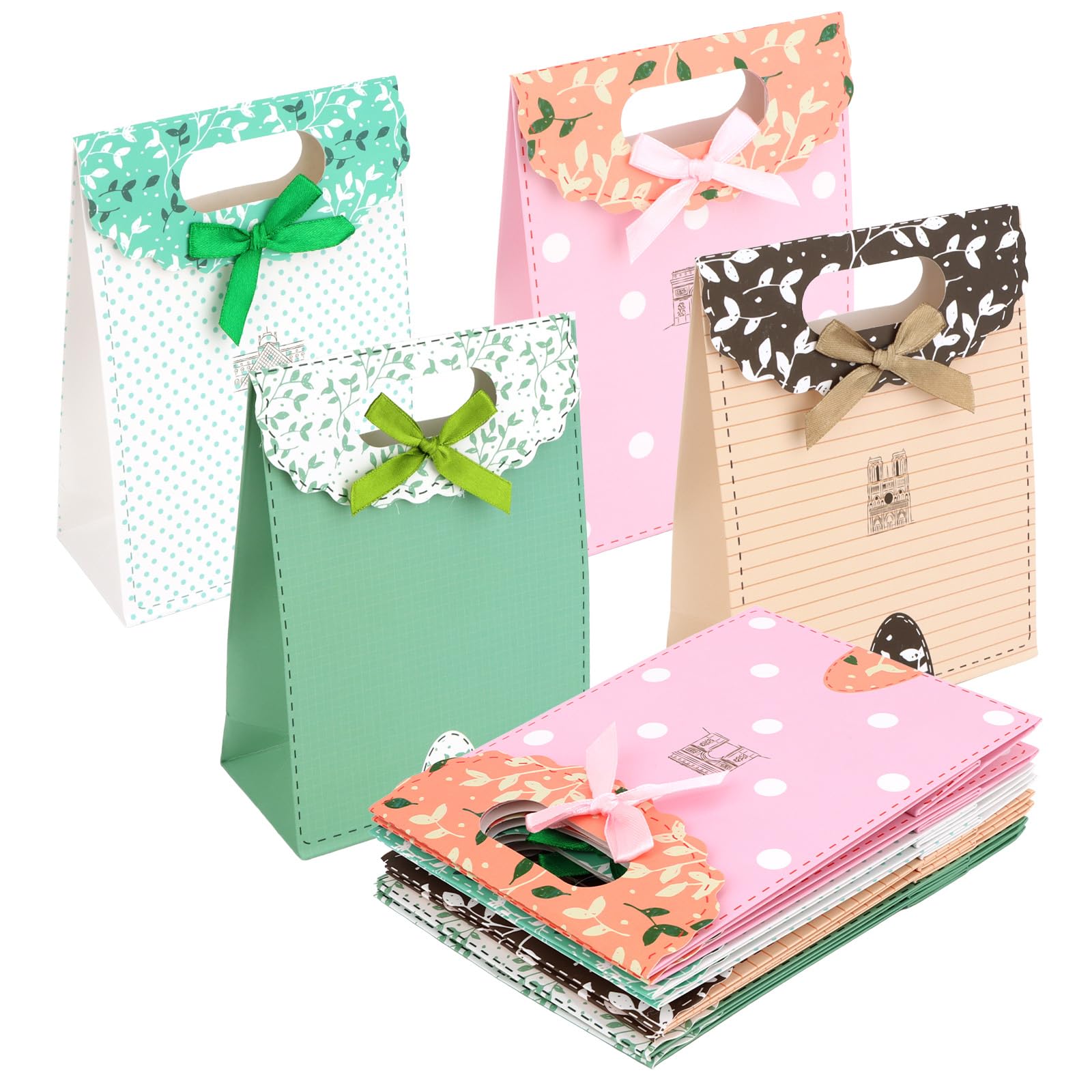 Norbiariz Vintage Polka Dot & Leaf Print Paper Small Gift Bags with Bow, 12 Pack Die-Cut Handle Gift Bags for Presents, Mini Gift Bags for Weddings Birthdays Celebrations