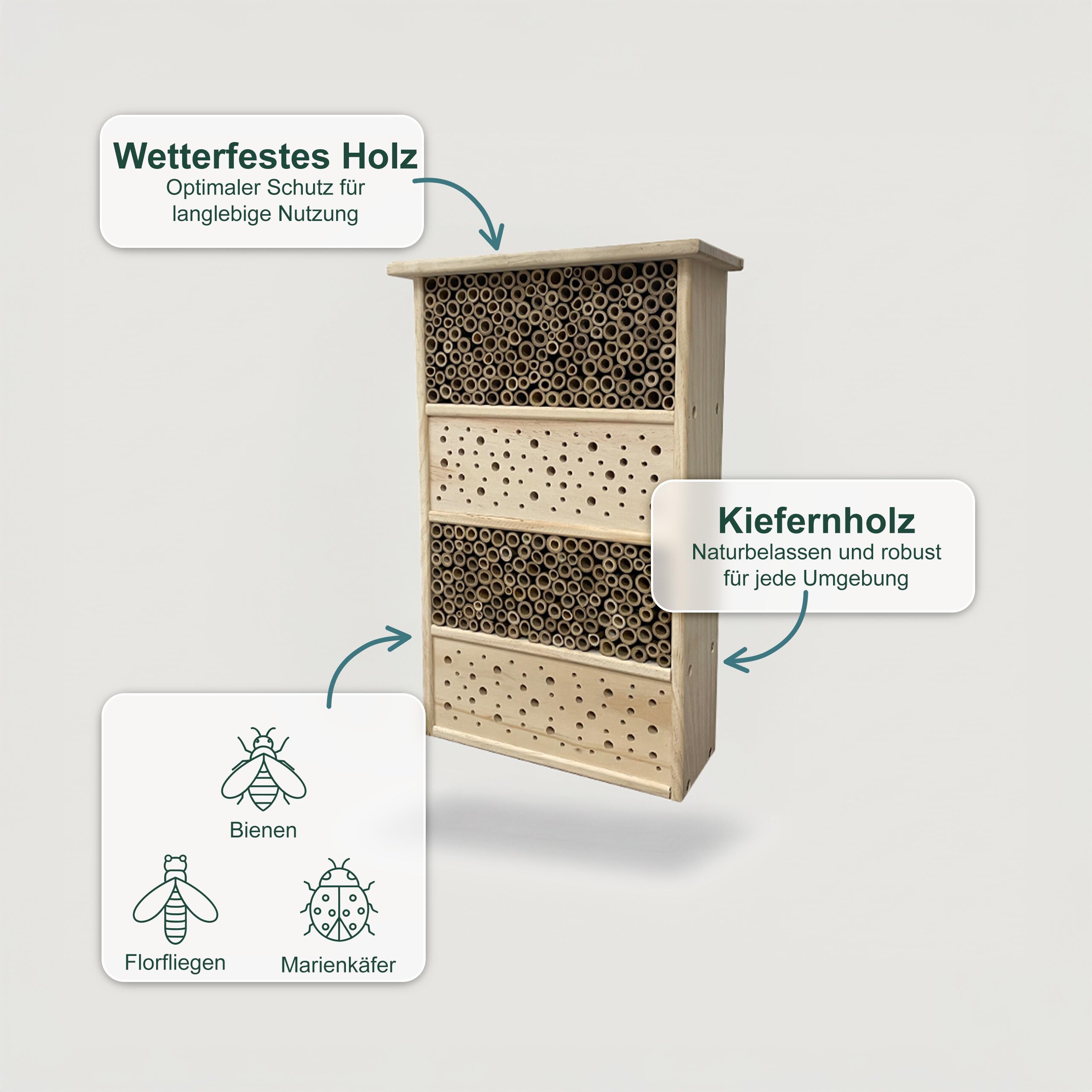 Relaxdays Bienenhotel, Holz, Bambusröhrchen, HBT: 40 x 26 x 10,5 cm, Garten, Balkon, Insektenhotel zum Aufhängen, Natur