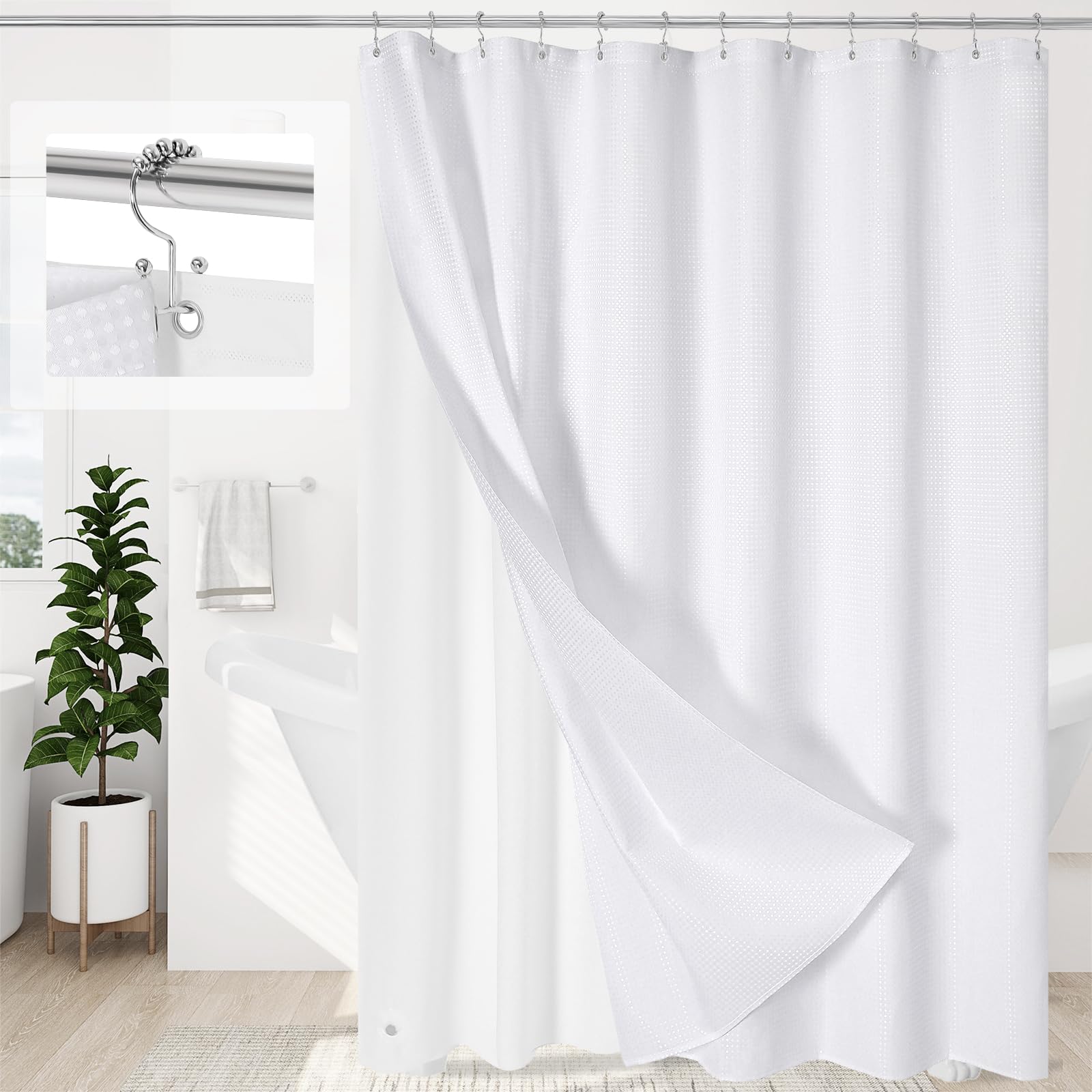 3 in 1 Shower Curtain Set, White Waffle Shower Curtain and PEVA Liner Set with 12 Double Sided Stainless Steel Shower Curtain Hooks, Waterproof Fabric Shower Curtains for Bathroom, 72 x 72