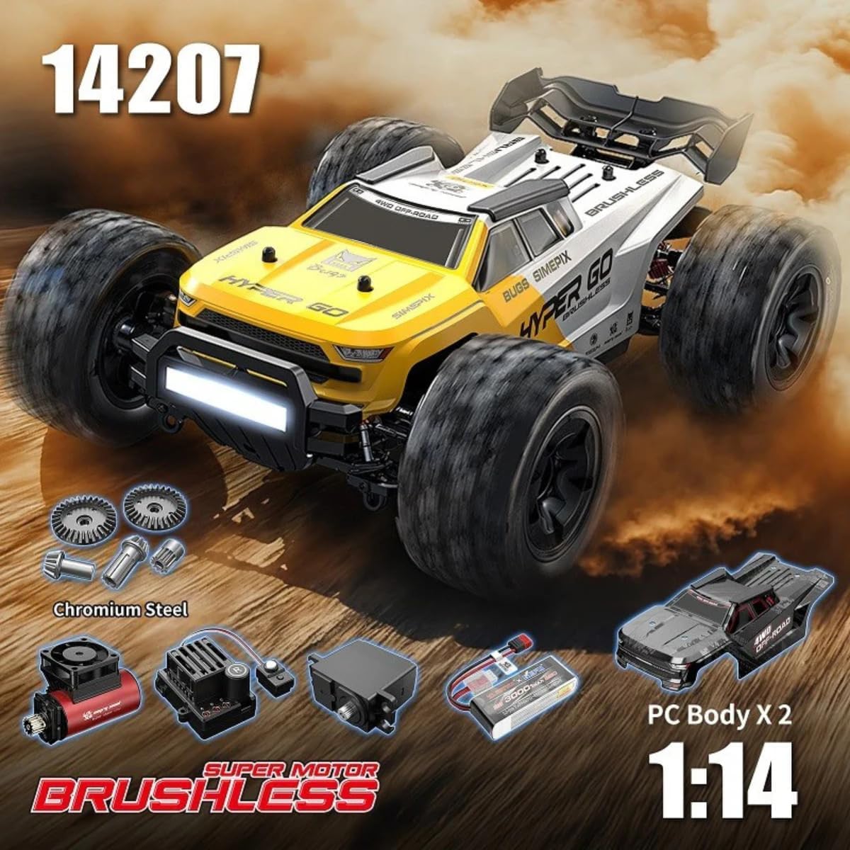 MJX Hyper 14207 Brushless RC Car 1:14 Scale 4WD 53kmh High Speed Off Road RC Truck, 2.4GHz Remote Control, 7.4V 3000mAh LiPo Battery, Dual Polycarbonate Shells, Ready to Run