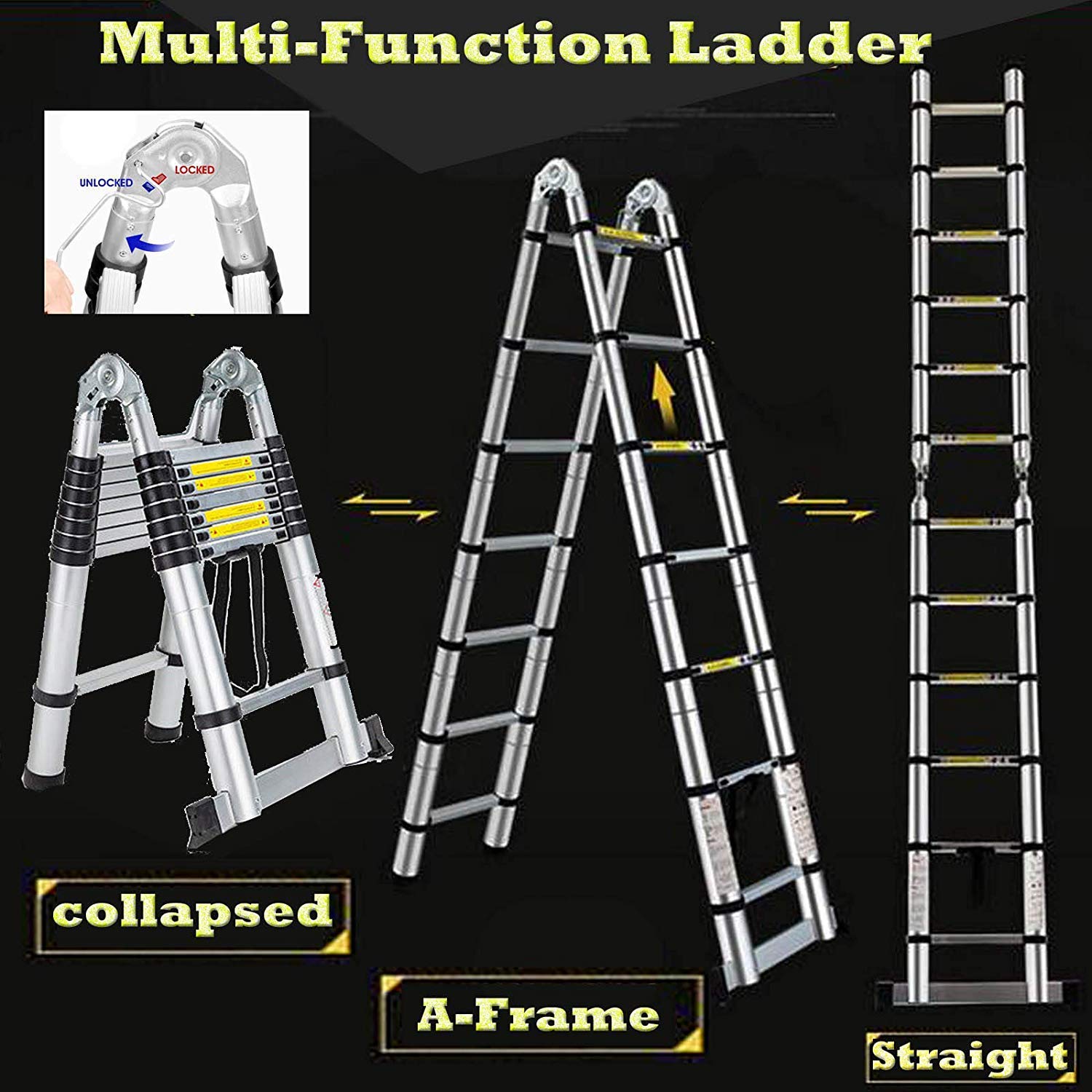 COOCHEER Escalera telescópica de 5 m, Plegable, de Aluminio, Ideal para Trabajos Interiores y Exteriores, Carga máxima: 150 kg, Color Amarillo y Plateado