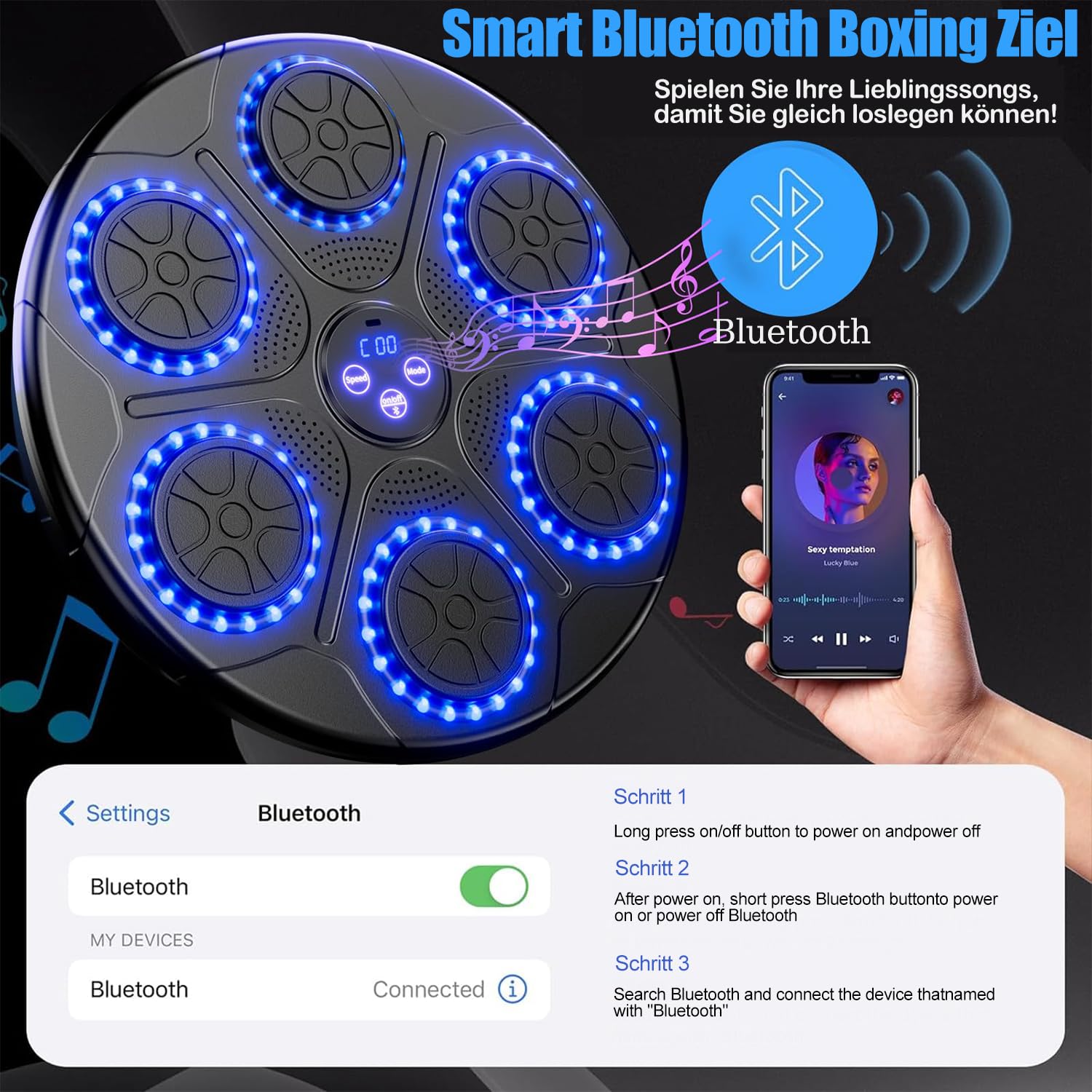 Music Boxing Machine–Spaß & Fitness für Zuhause|Boxsack mit Musik&Bluetooth|Inkl. Boxhandschuhe|Ideal für Reflextraining,Kickboxen&Familienaktivitäten|Für Kinder & Erwachsene | Wandmontage möglich