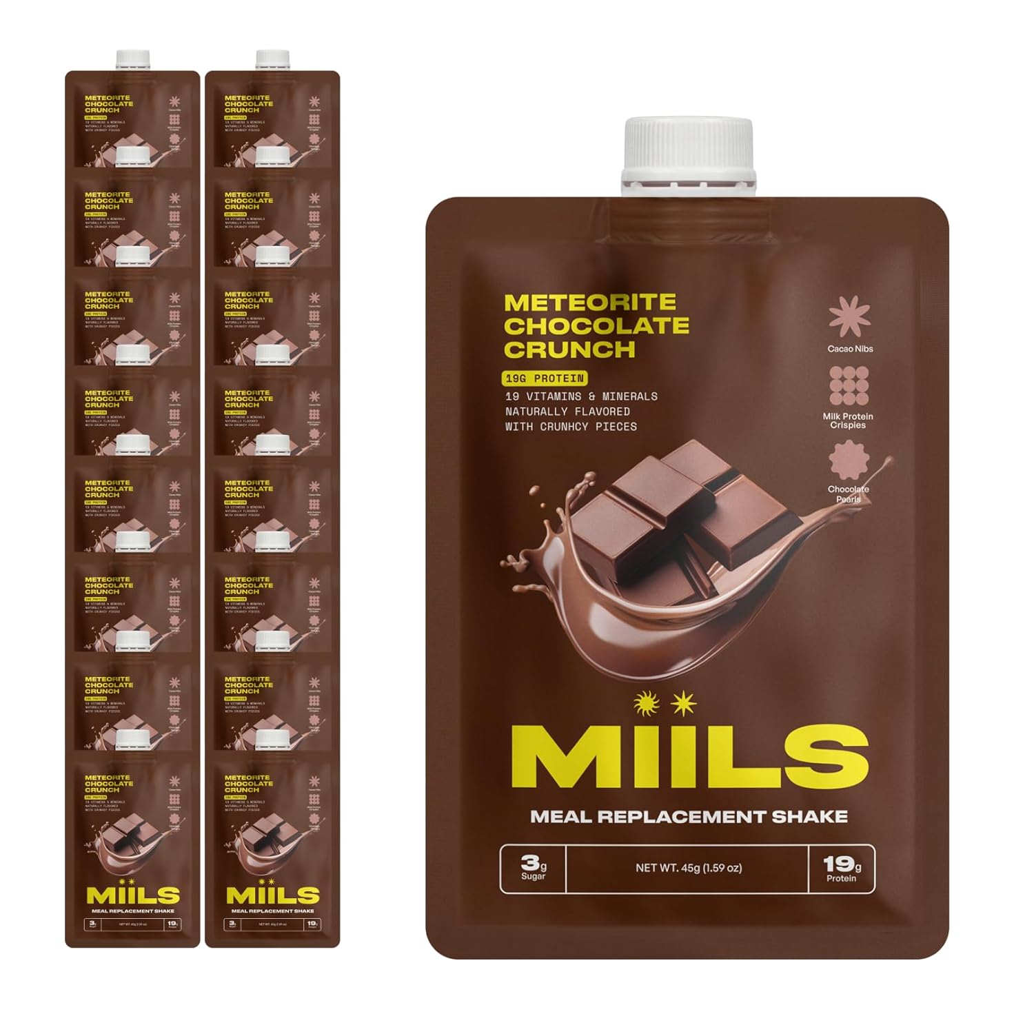 MIILS Meteorite Chocolate Crunch 16 Pack, Meal Replacement Shake, High Protein Breakfast, Rich Chocolate Taste with Crunchy Mix-Ins, Grab and Go Breakfast, 19g Protein, 3g Sugar and 19 Vitamins & Minerals