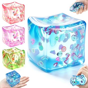 4Pack Cube Fidget Toys Stress Balls, Fruit Squishies Toys, Cube Squeeze Toys, Slow Rising Squishies Stress Balls for Anxiety & Stress Relief, Halloween, Christmas