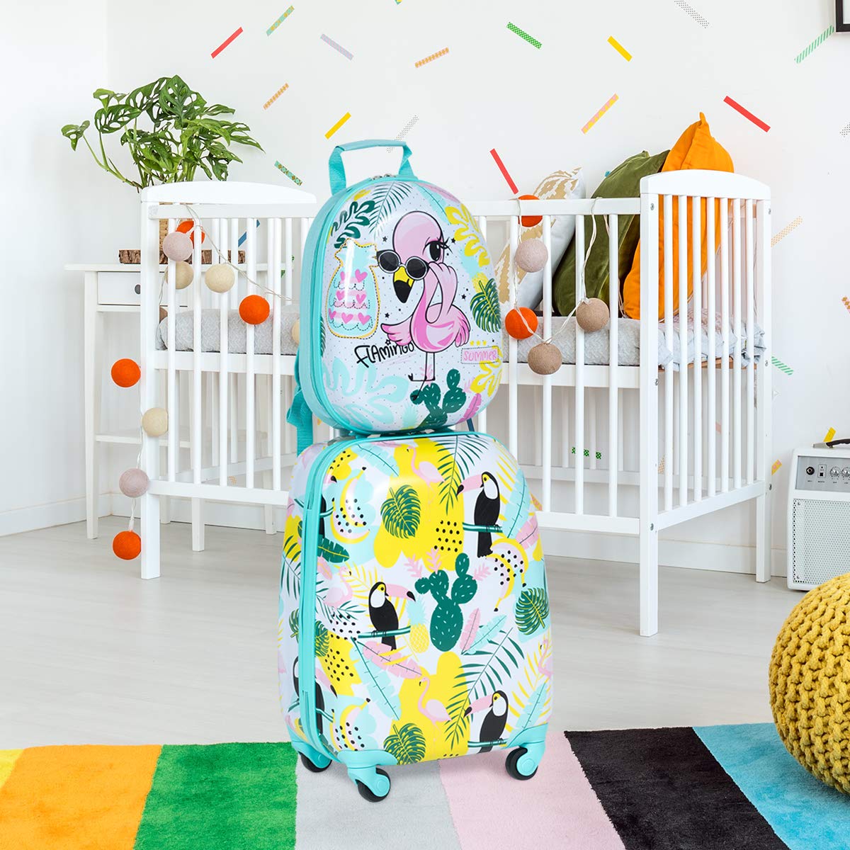 COSTWAY Valise Enfants à roulettes 16’’ & Sac à Dos 12’’ avec Poignée Télescopique, Bagage Enfants avec Motif Flamants, 4 Roues Rotatives, Lot de 2 Valise pour Fille Garçon