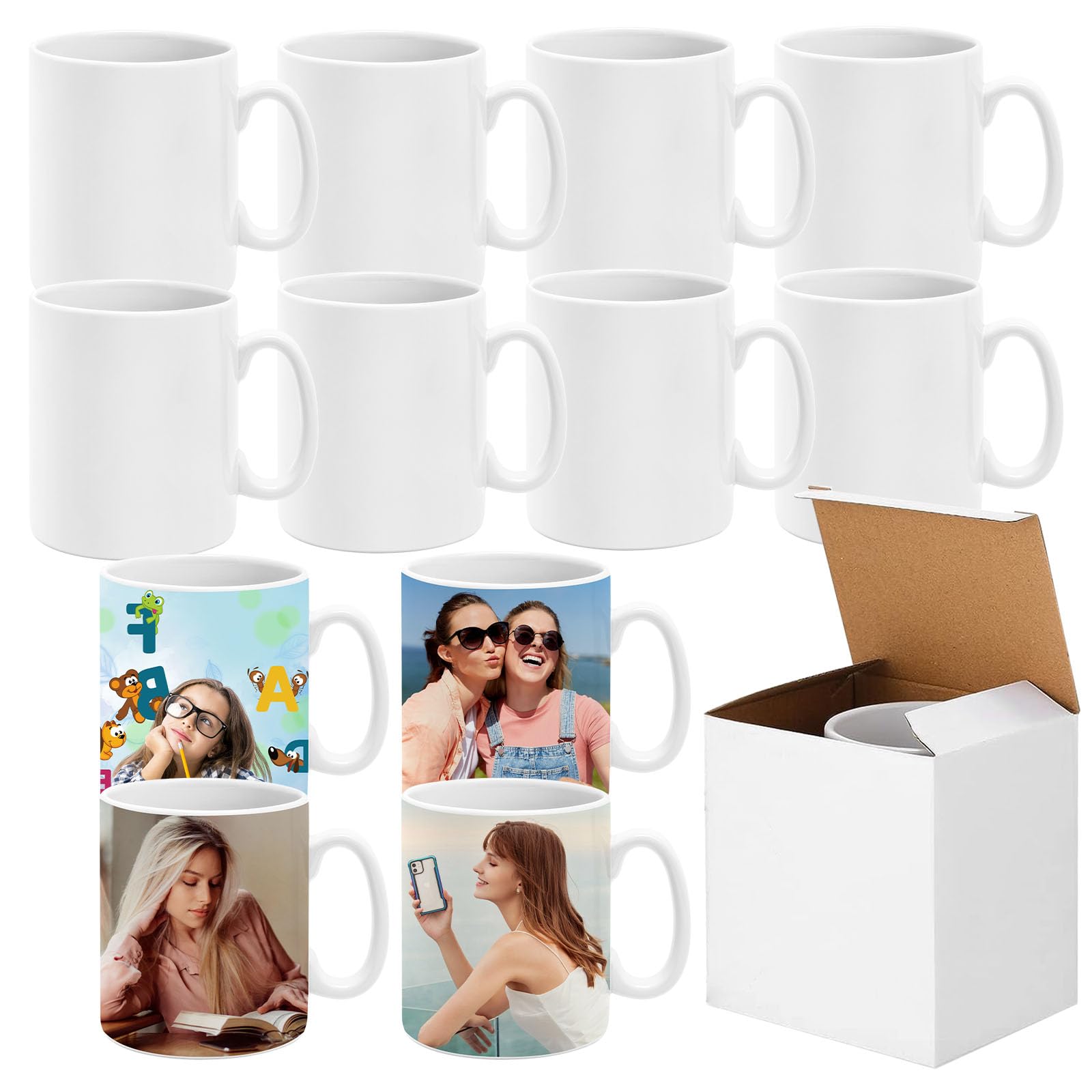 Lot de 12 Mugs Blancs pour Sublimation, 325 ml/11 oz | Tasses en Céramique pour Presse à Chaud avec 12 Boîtes Cadeaux, Personnalisables pour Café, Lait, Thé, Cadeaux et Projets DIY