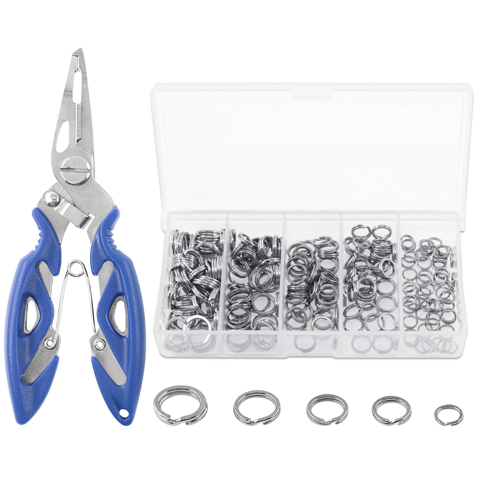 Keadic 200Pcs [5 - Sizes] Heavy Duty Stainless Steel Split Fishing Rings - Double Snap Loop Lure Connectors with Fishing Pliers Accessory 30lb to