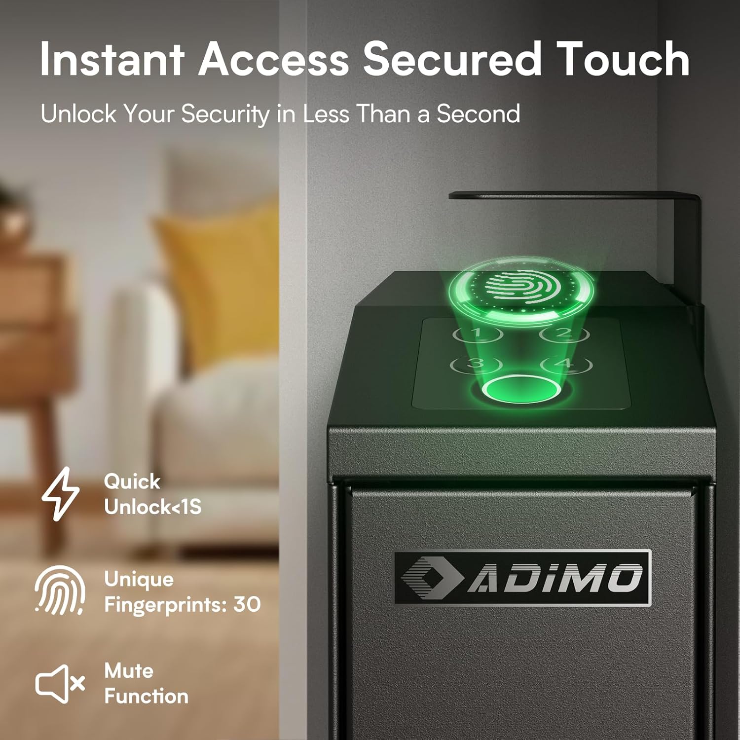 ADIMO Handgun Safe, Slider Biometric Fingerprint Gun Safe for Handgun Supports 3 Quickly Access Ways, Fingerprint, PIN Code and Key, Pistol Gun Lock Box for Car, Truck, Desk, Bedside
