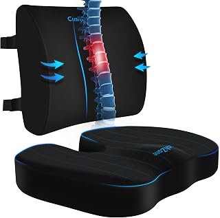 CushZone Ergonomic Memory Foam Seat Cushion & Lumbar Support Pillow - Sciatica Pain Relief, Posture Correction, Non-Slip for Office Chair, Car, Wheelchair (Black)