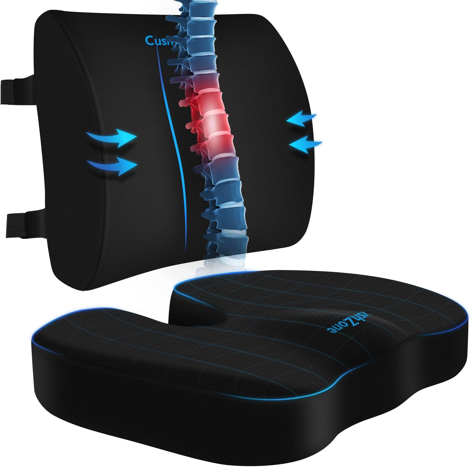 CushZone Ergonomic Seat Cushion & Lumbar Support Pillow - Memory Foam for Sciatica Pain Relief & Posture Correction, Non-Slip Chair Cushions for Office Chair/Car/Wheelchair/Travel (Black)